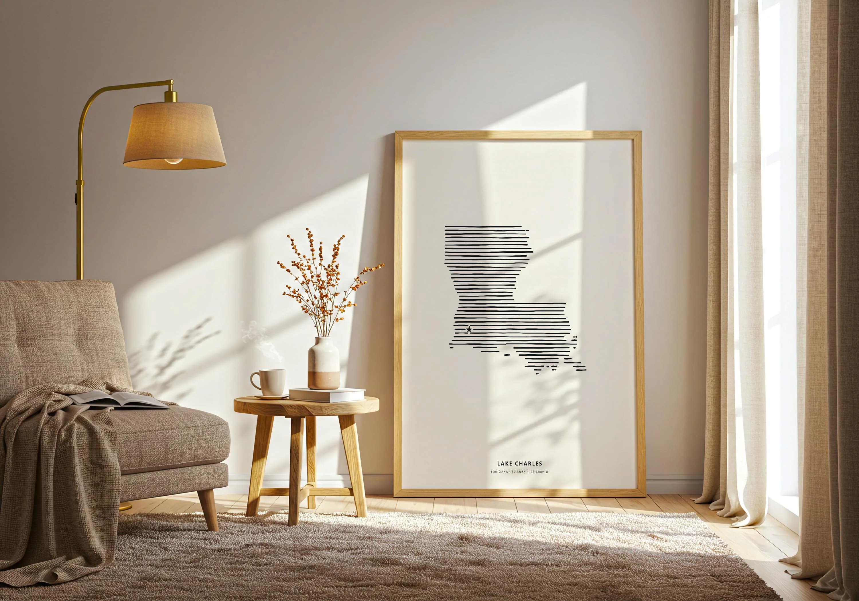 Minimalist Lake Charles Louisiana line art print in a natural wood frame set on a warm wood floor.