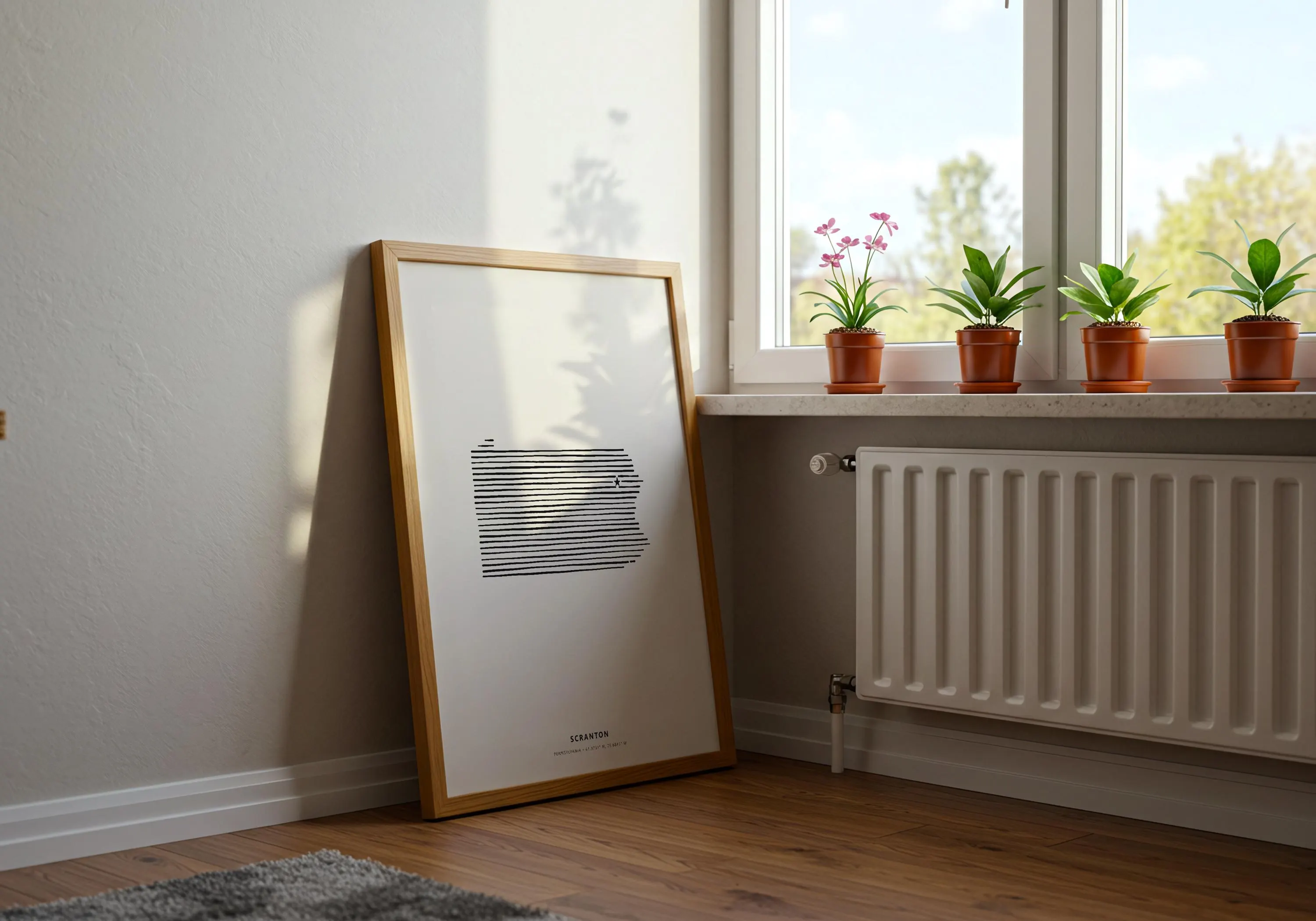 Interior mockup of a minimalist Scranton Pennsylvania hometown pride poster in a natural frame.