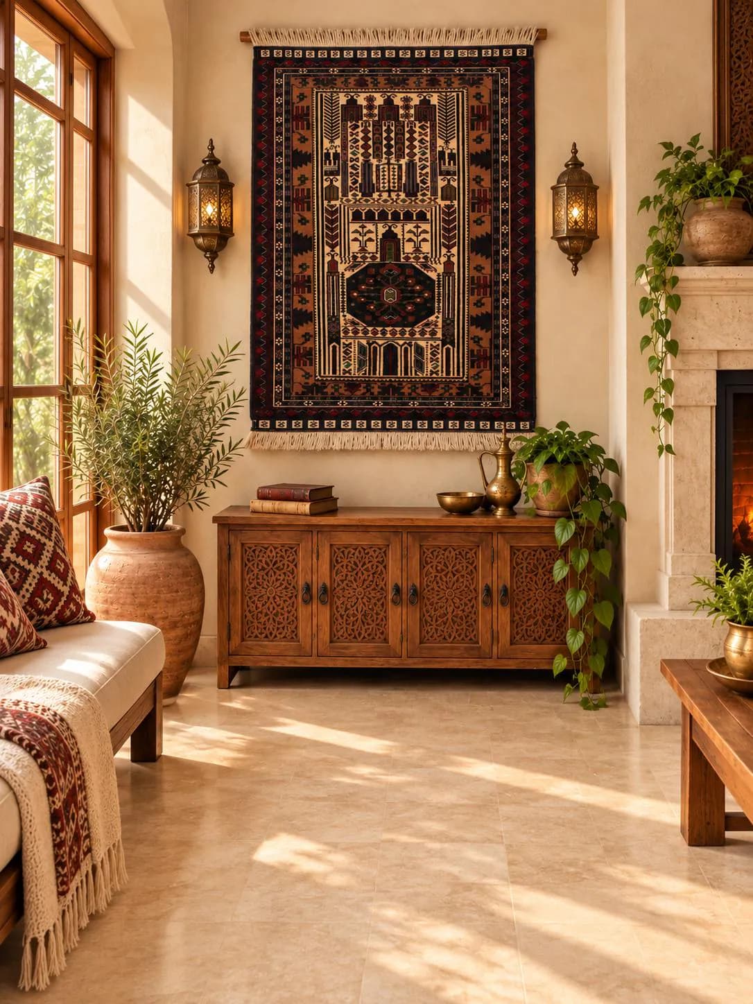 Handmade Afghan Wool Prayer Rug, Brown Black Tribal Design (2.8x3.11 ft)