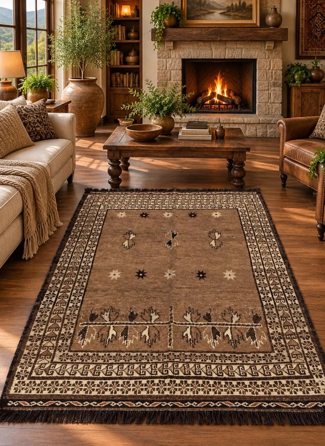 Handmade Afghan Wool Rug, Tribal Geometric Pattern, Neutral Boho Area Rug (4.5 x 6.2 ft)