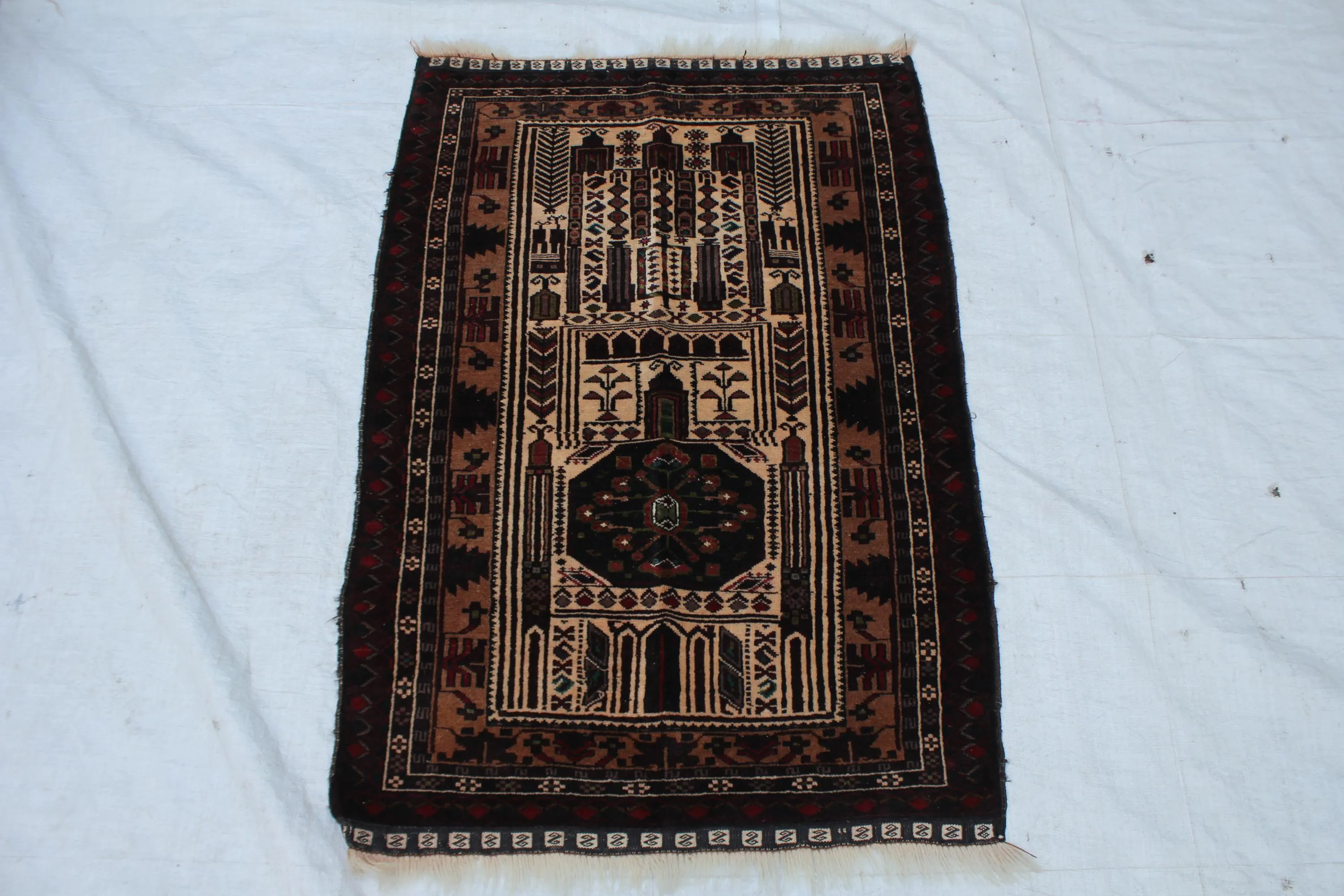 Handmade Afghan Wool Prayer Rug, Brown Black Tribal Design (2.8x3.11 ft) - image 3