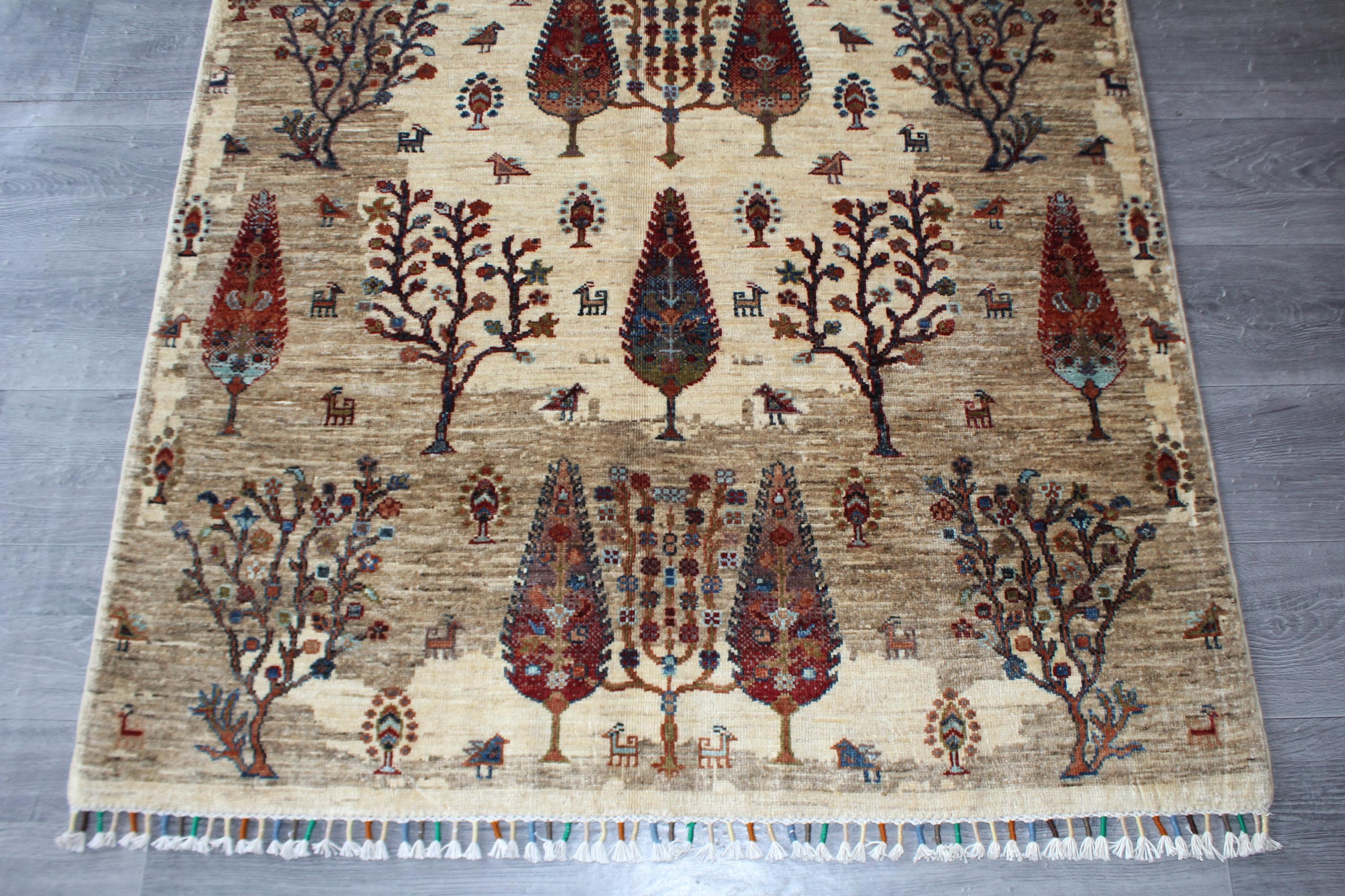 Handmade Afghan Wool Rug, Cream Tree Pattern, Rustic Botanical Area Carpet (4.1 x 6.4 FT) - image 4