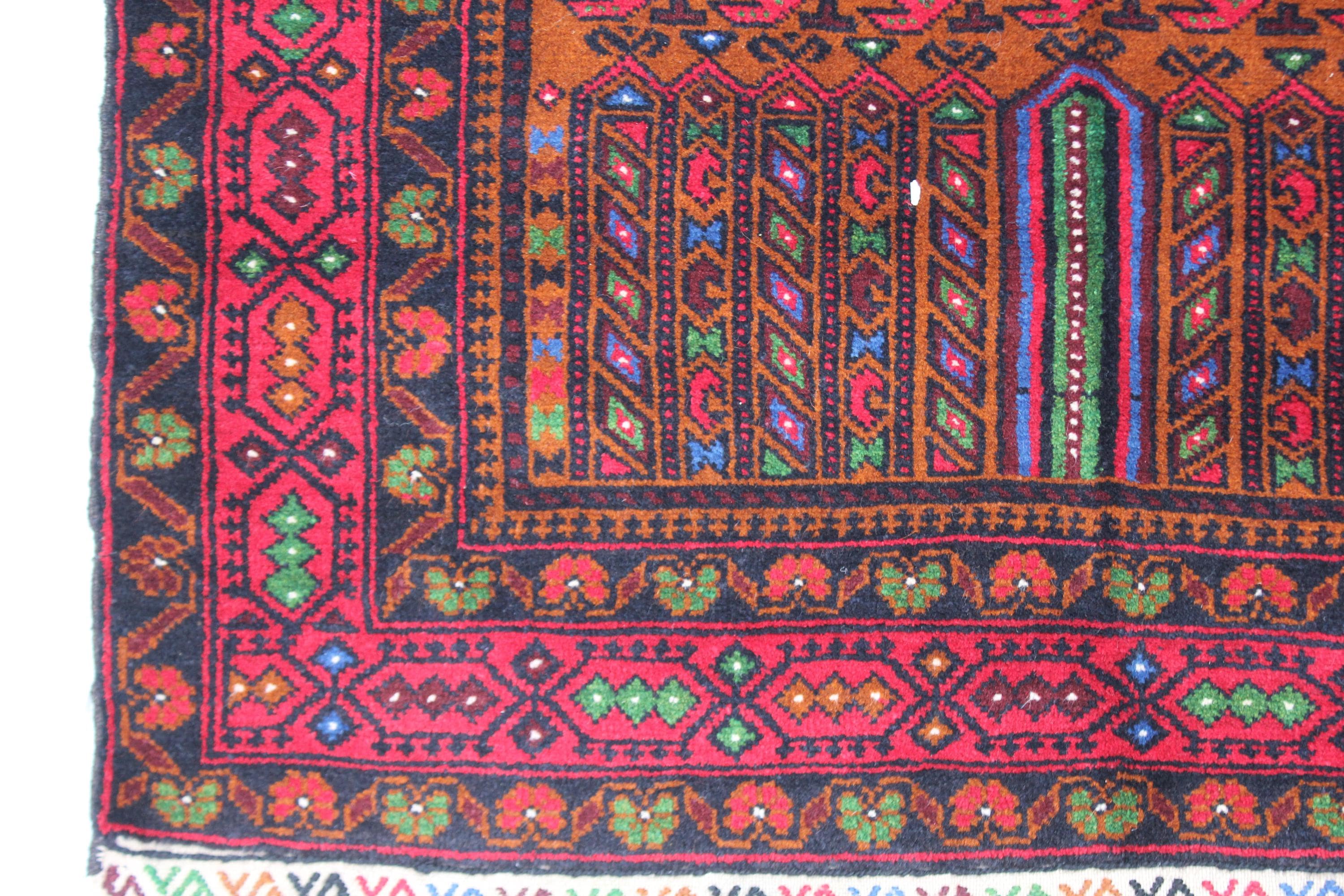 Handmade Afghan Wool Prayer Rug, Red Brown Geometric Tribal Carpet (2.11 x 4.9 ft) - image 3