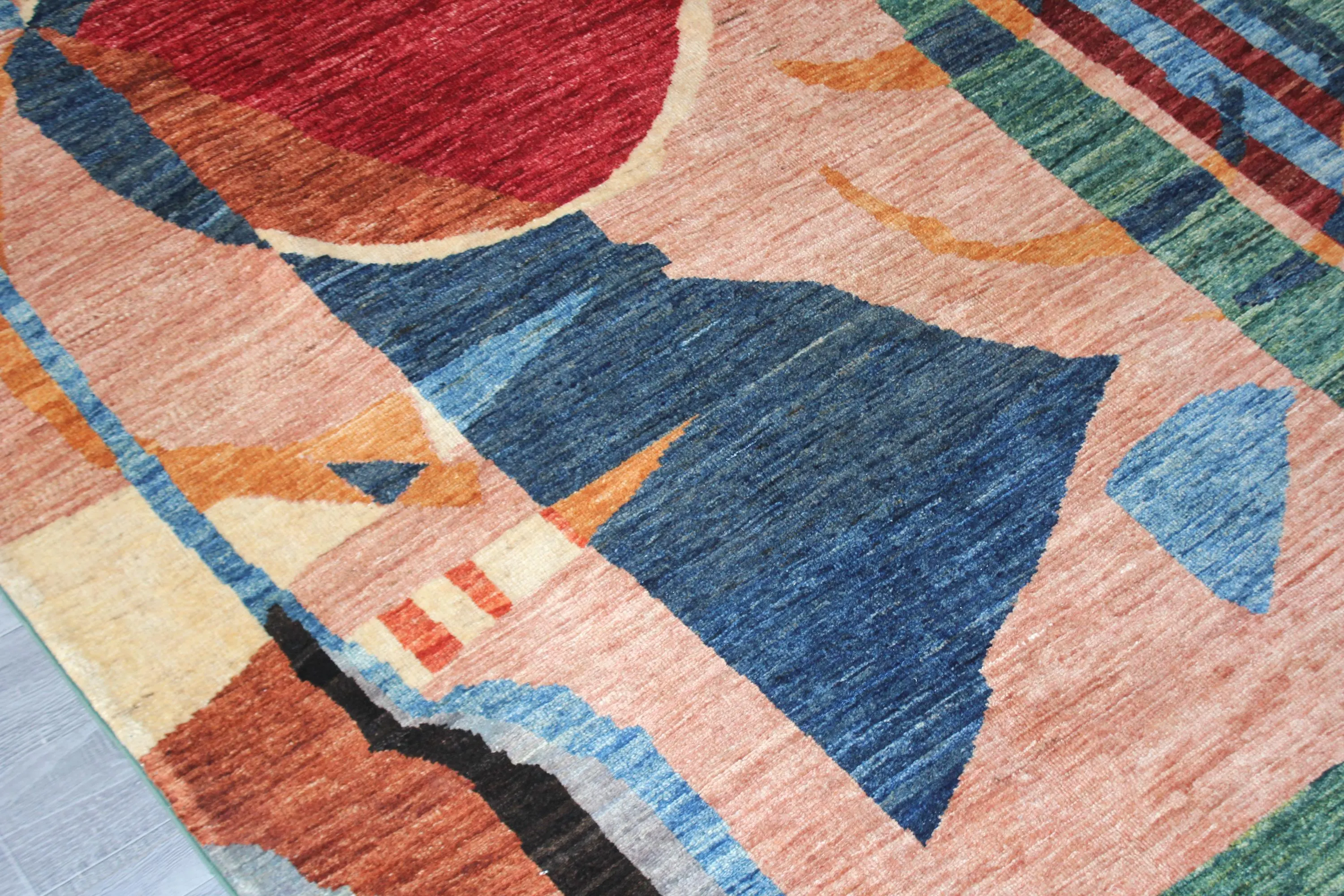 Handmade Afghan Wool Geometric Rug, Red Teal Green Abstract Design (4.11x 6.6 FT) - image 5