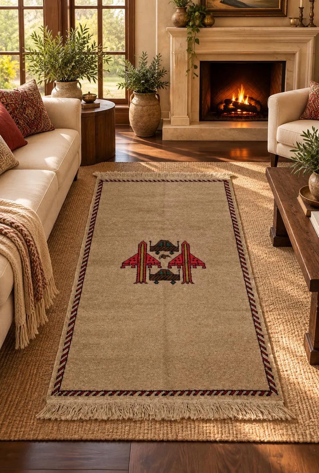 Handmade Afghan Wool Rug, Tribal Geometric Pattern, Rustic Red Beige Area Rug (2.7 x 4 ft)