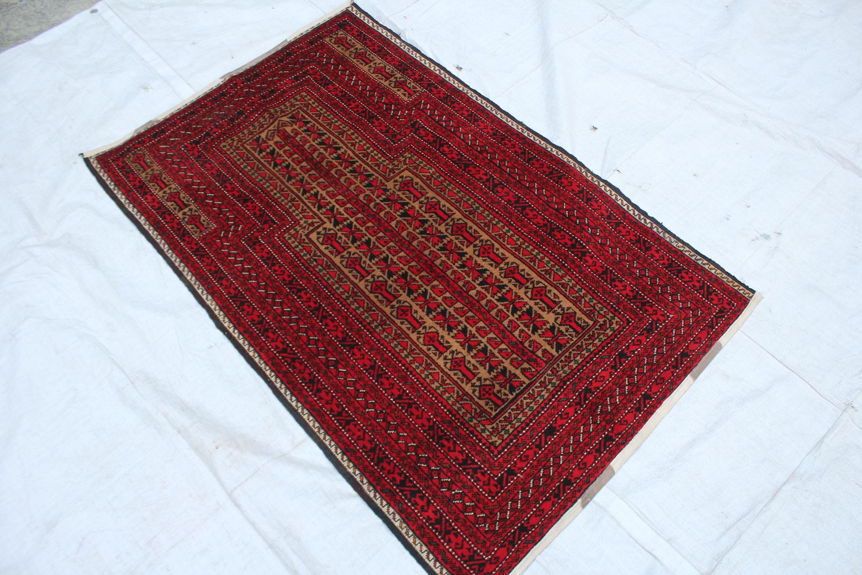 Handwoven Afghan Wool Prayer Rug, Red Geometric Pattern, Traditional Muslim Carpet (2.8 x 4.4 ft) - image 5