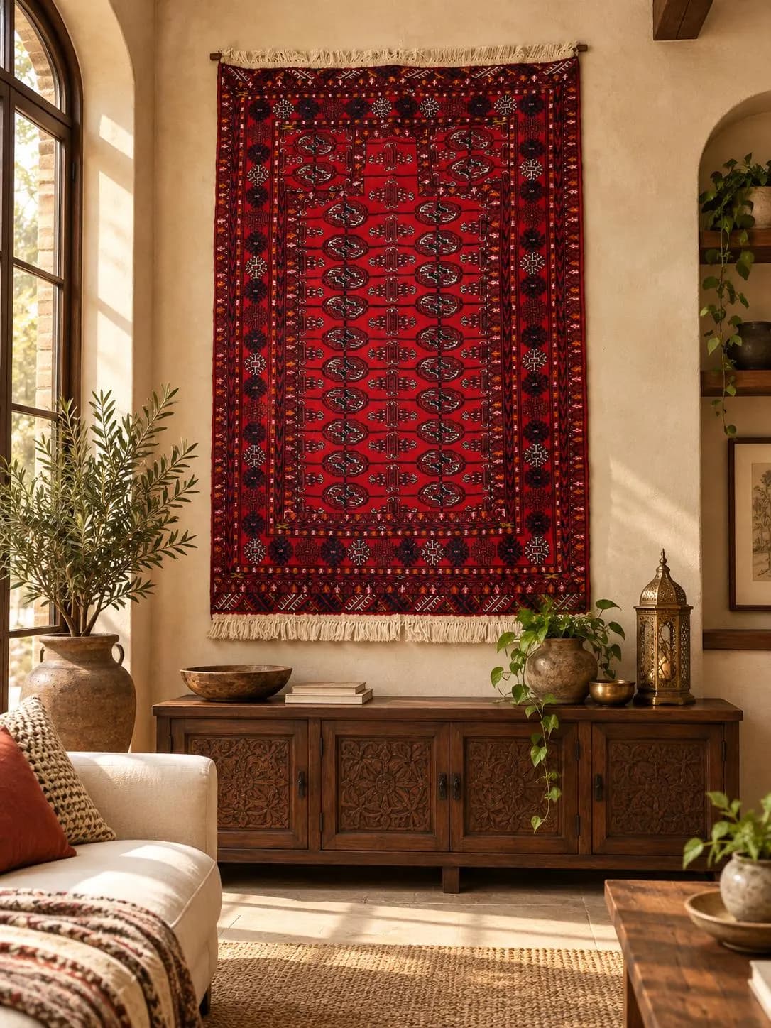 Handmade Afghan Wool Rug, Red Tribal Geometric Wall Decor (3x4.4 ft)