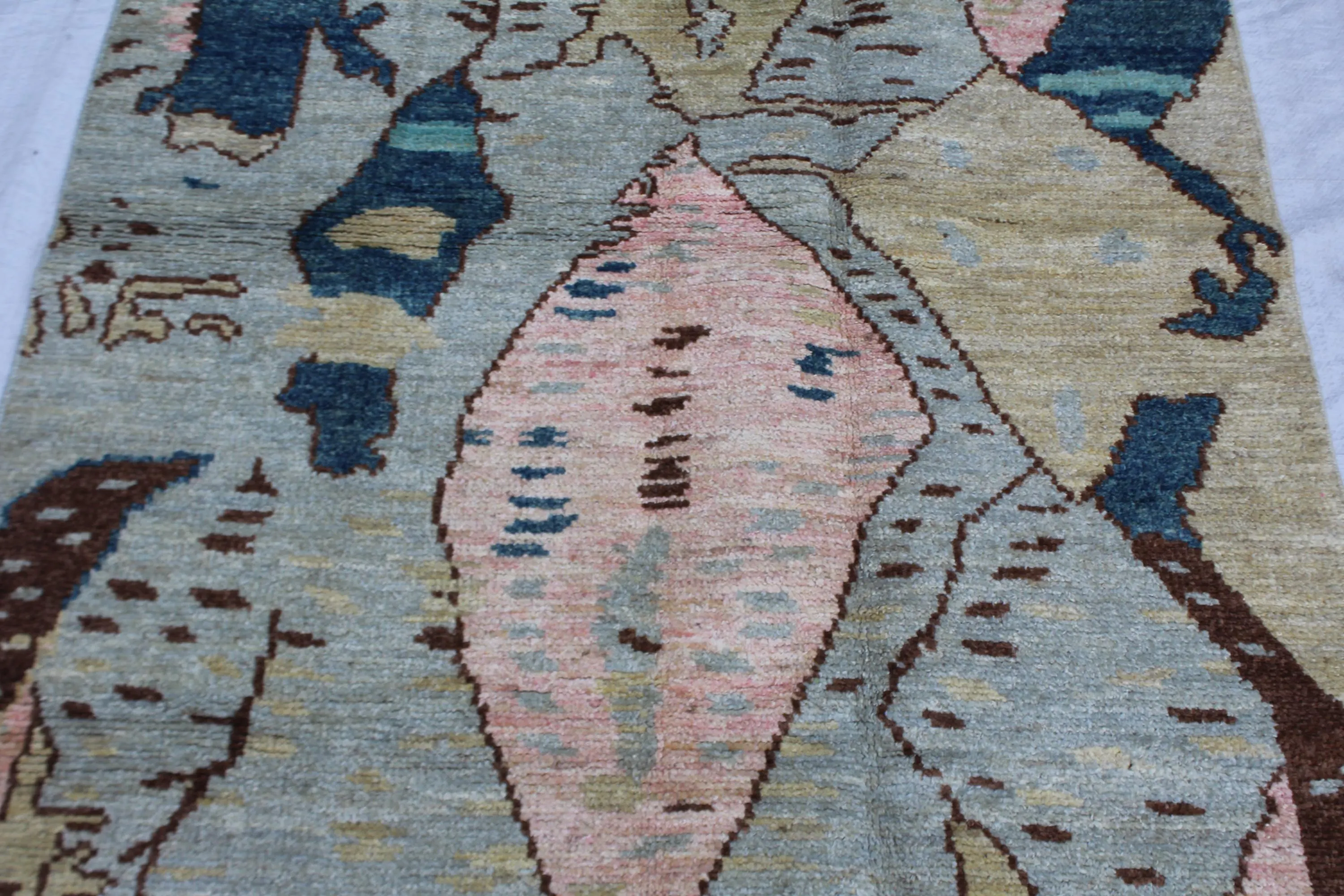 Handmade Afghan Wool Area Rug, Abstract Geometric Tribal, Dusty Pink Teal Beige (4x5.10 FT) - image 2