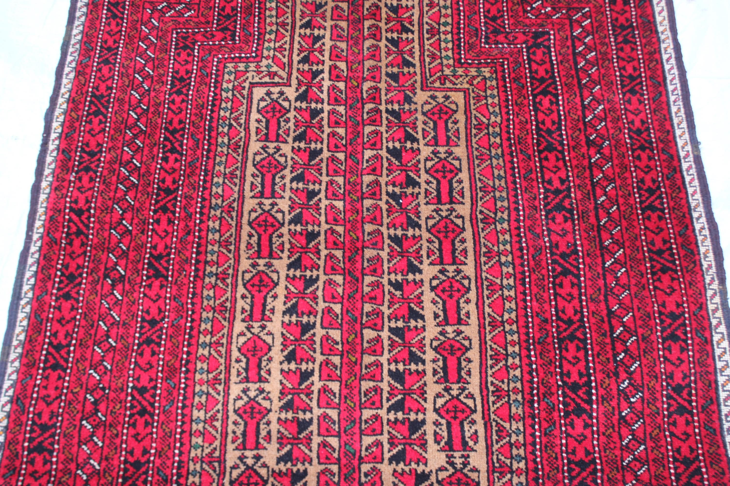 Handwoven Afghan Wool Prayer Rug, Red Geometric Pattern, Traditional Muslim Carpet (2.8 x 4.4 ft) - image 3