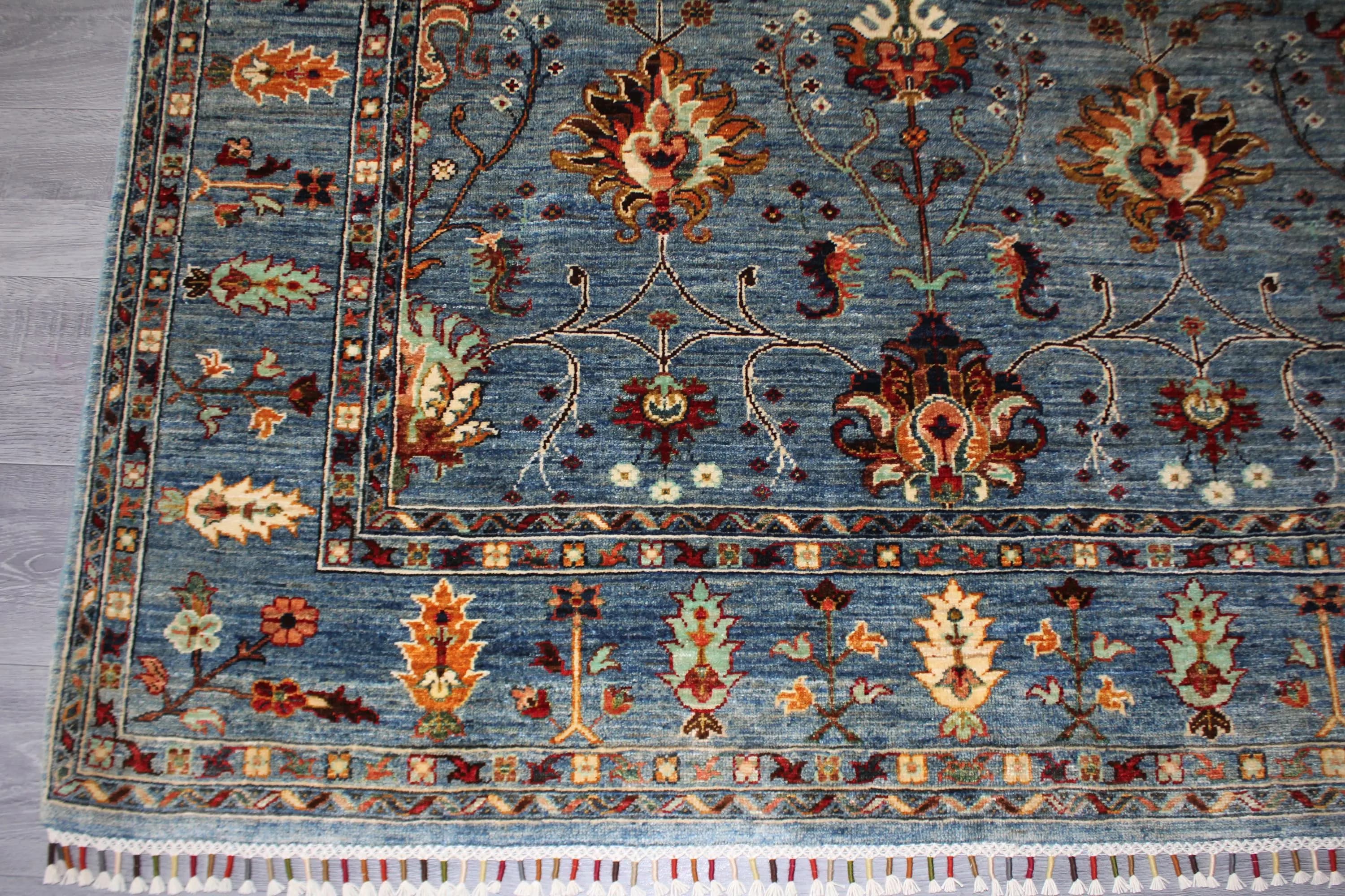 Handmade Afghan Wool Rug, Teal Floral Carpet, Rust Gold Details (5.7 x 7.11 FT) - image 3