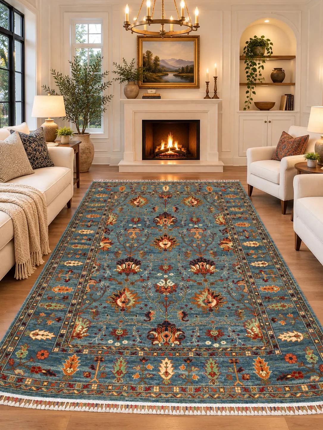 Handmade Afghan Wool Rug, Teal Floral Carpet, Rust Gold Details (5.7 x 7.11 FT)