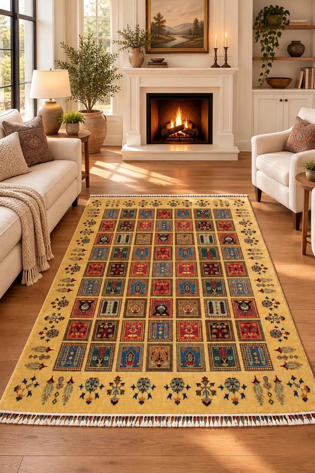 Handmade Afghan Wool Rug, Geometric Floral Panel, Vegetable Dyes (4.11 x 6.11 FT)