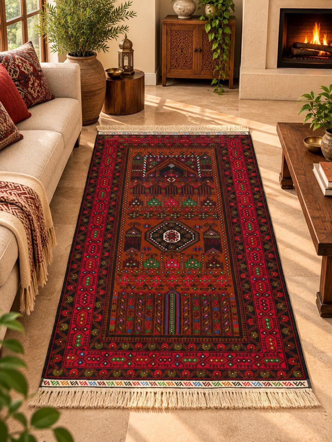 Handmade Afghan Wool Prayer Rug, Red Brown Geometric Tribal Carpet (2.11 x 4.9 ft)