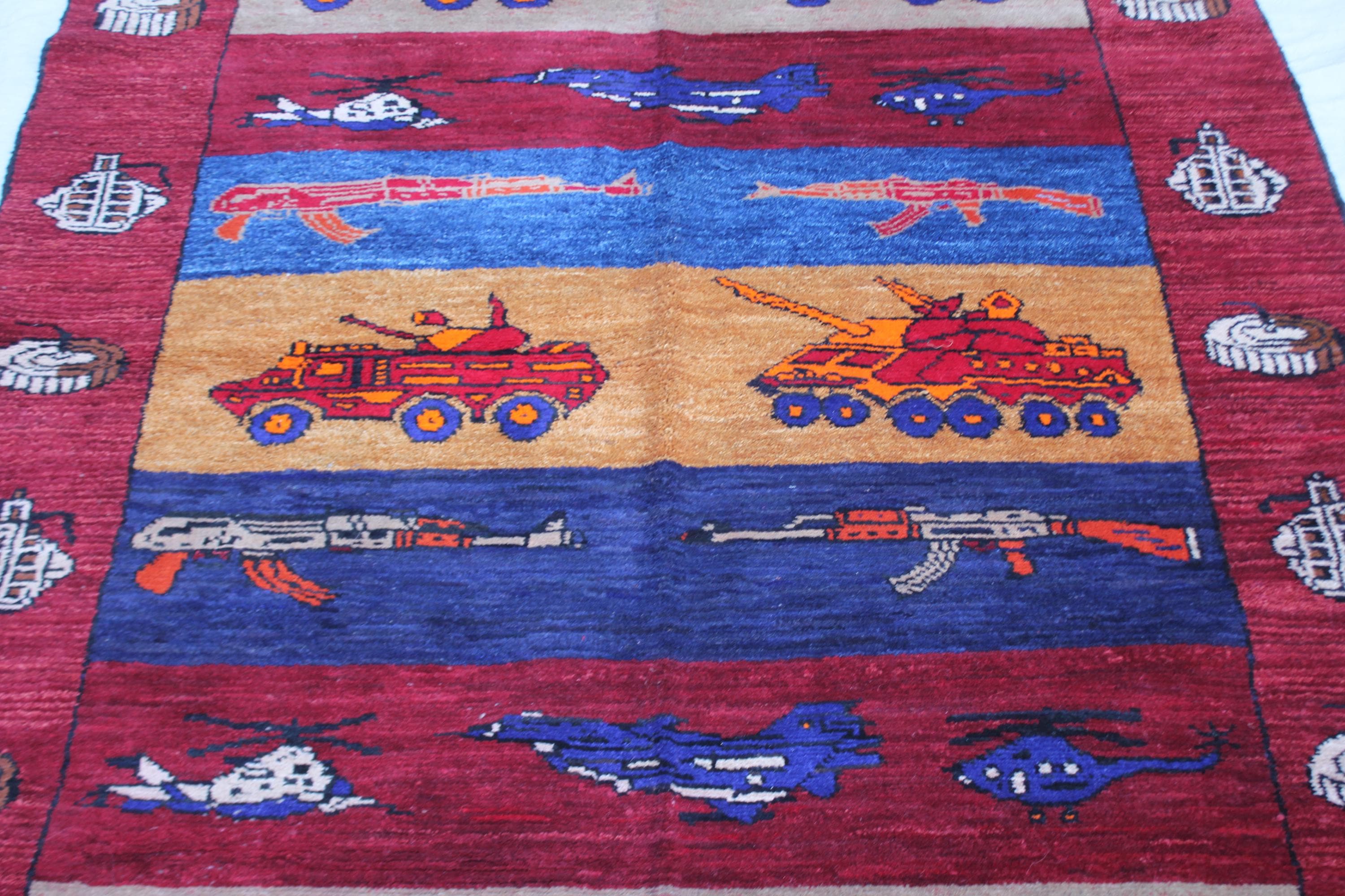 Handmade Afghan Wool Military Tank Rug, Tribal Aircraft Decor (4.10x6.7 ft) - image 3