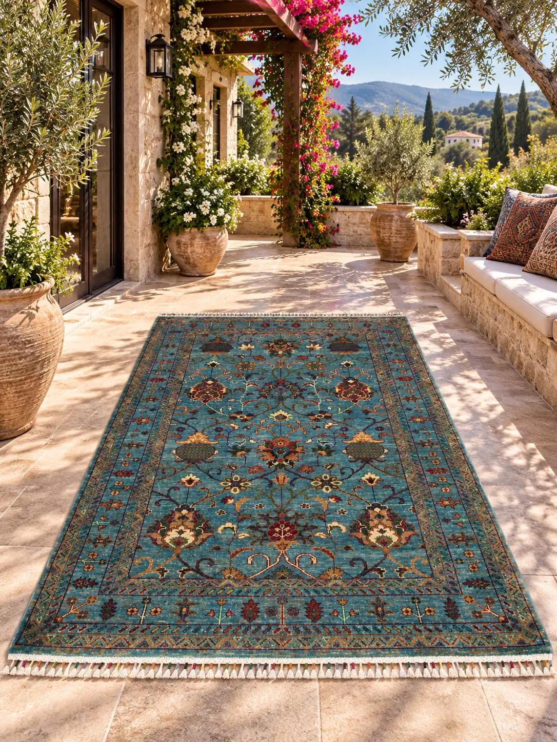Handmade Afghan Wool Rug, Turquoise Floral Medallion Design (3.10 x 6.3 FT)