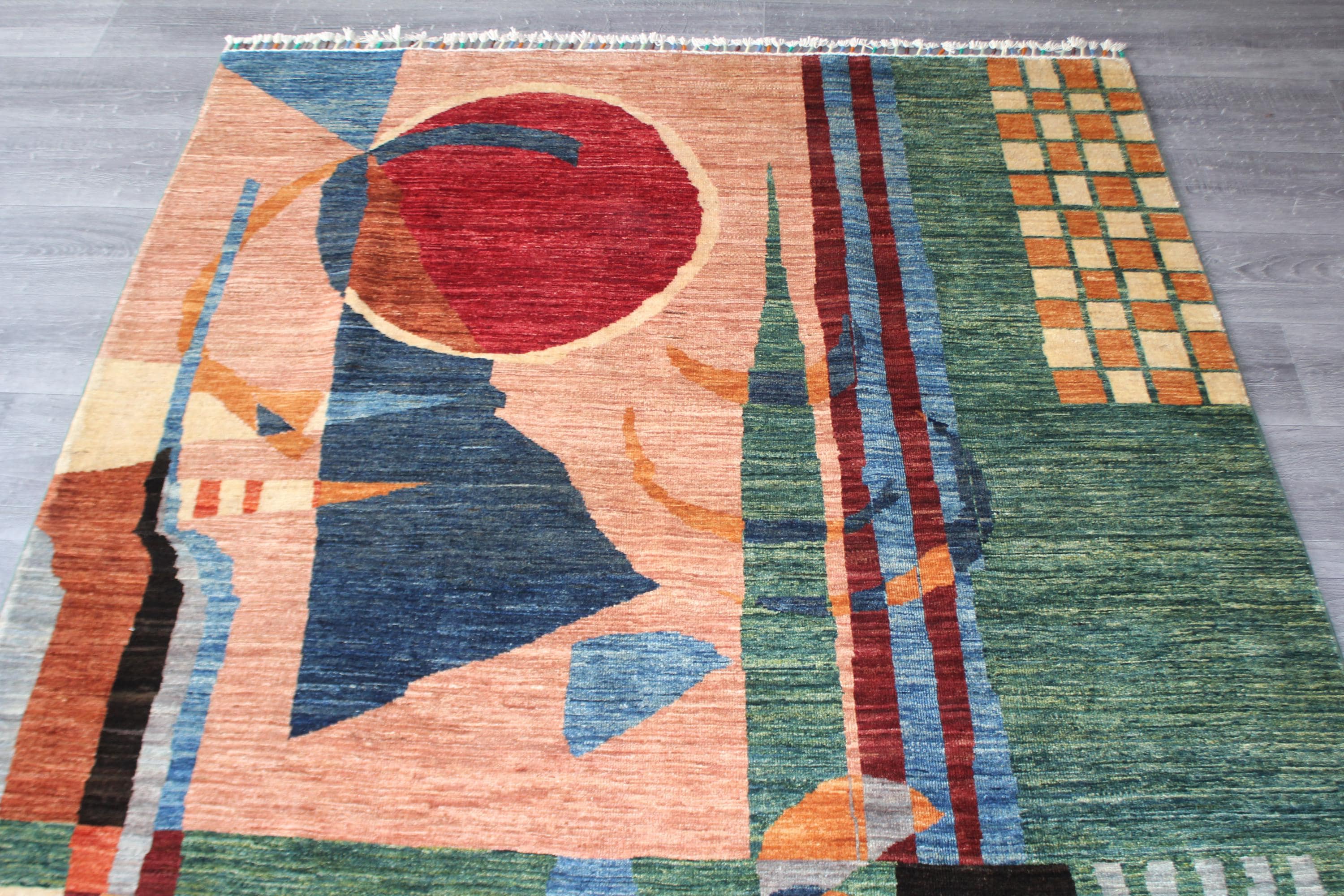 Handmade Afghan Wool Geometric Rug, Red Teal Green Abstract Design (4.11x 6.6 FT) - image 4