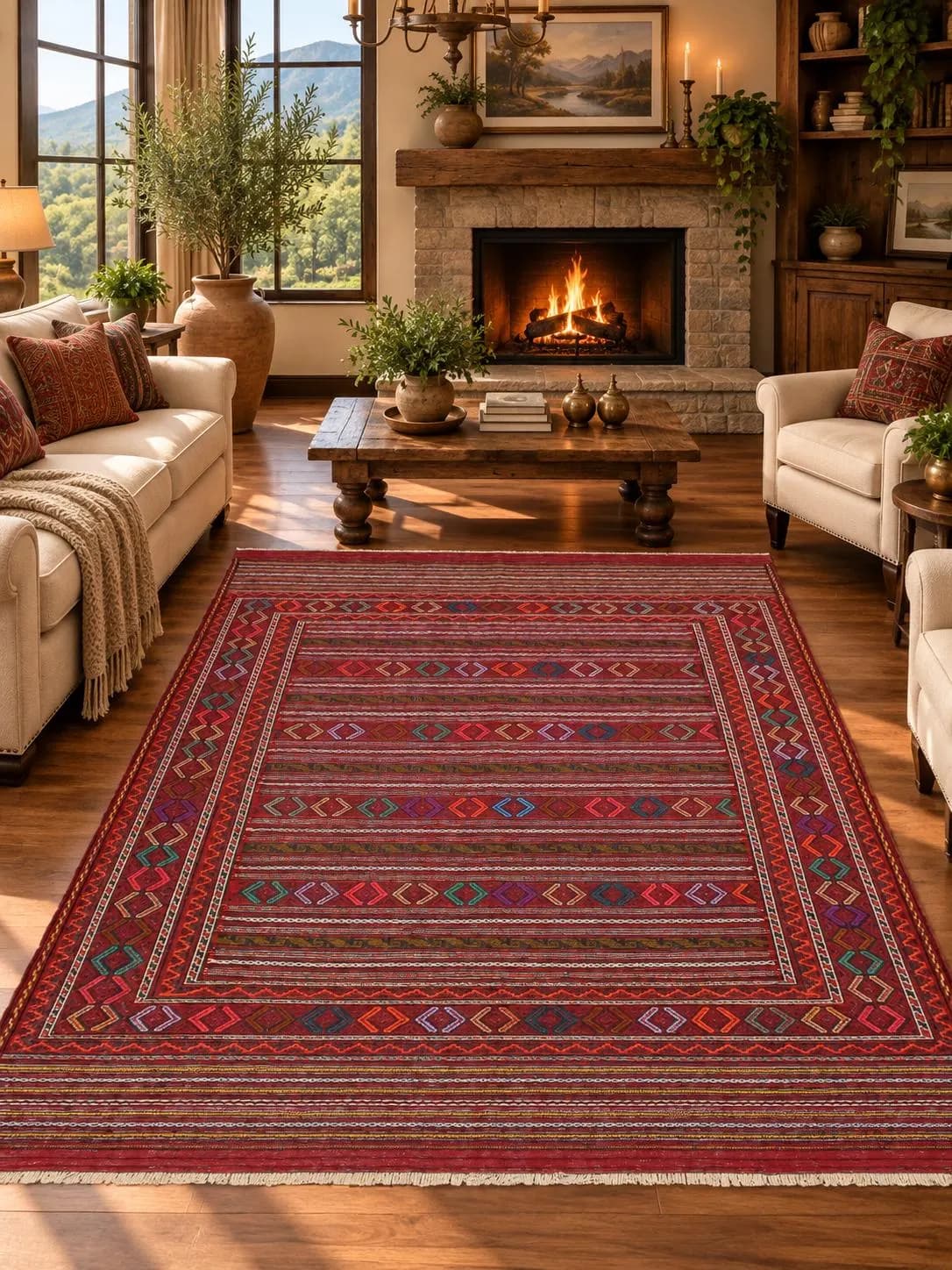 Handmade Afghan Wool Kilim Rug, Tribal Striped Geometric Area Rug (4.8x6.1 FT)
