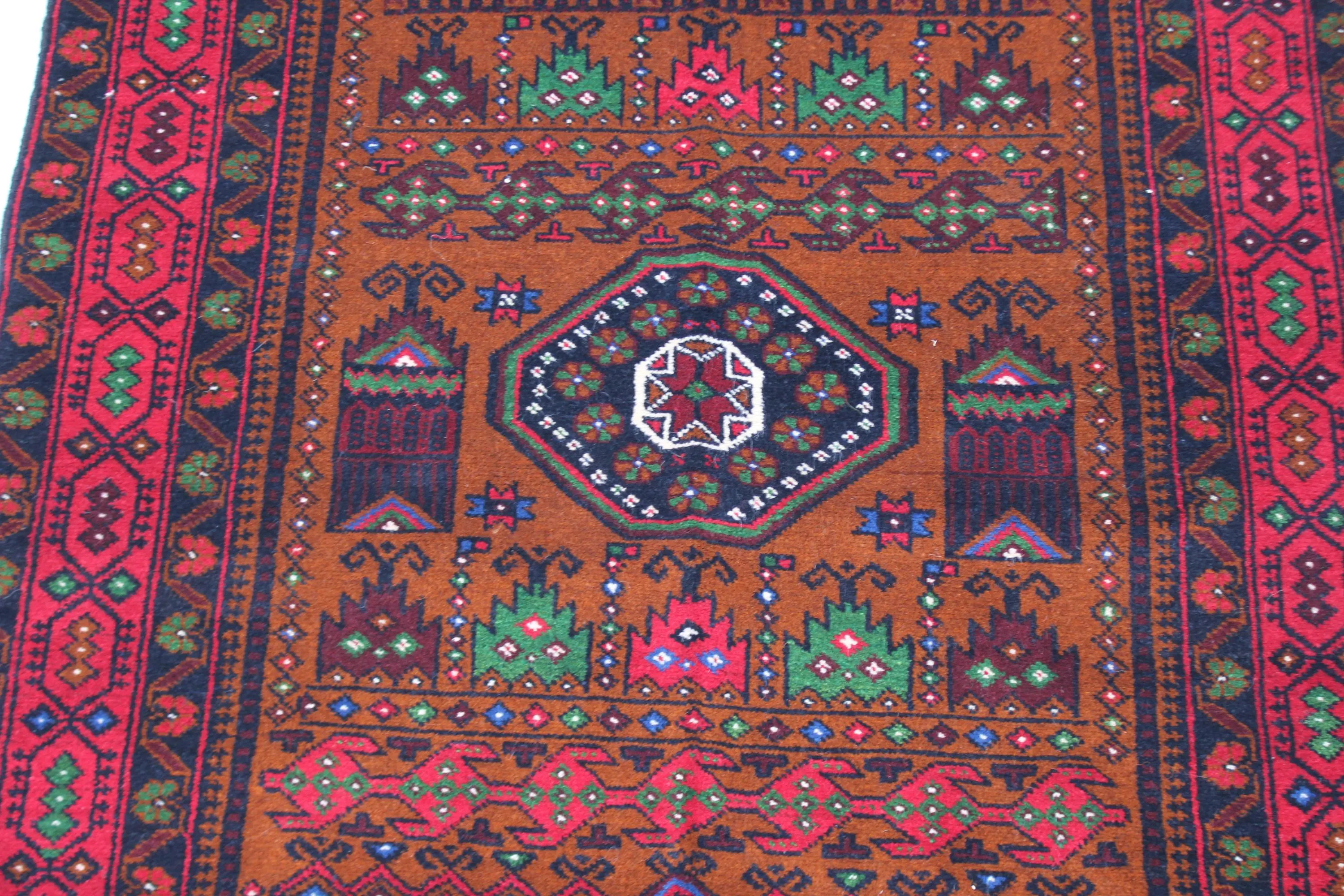 Handmade Afghan Wool Prayer Rug, Red Brown Geometric Tribal Carpet (2.11 x 4.9 ft) - image 4