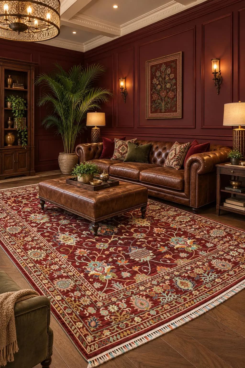 Antique-Style Burgundy Floral Rug, Multicolor Botanical Pattern, Elegant Traditional Area Carpet, 5.9 x 8.2 FT