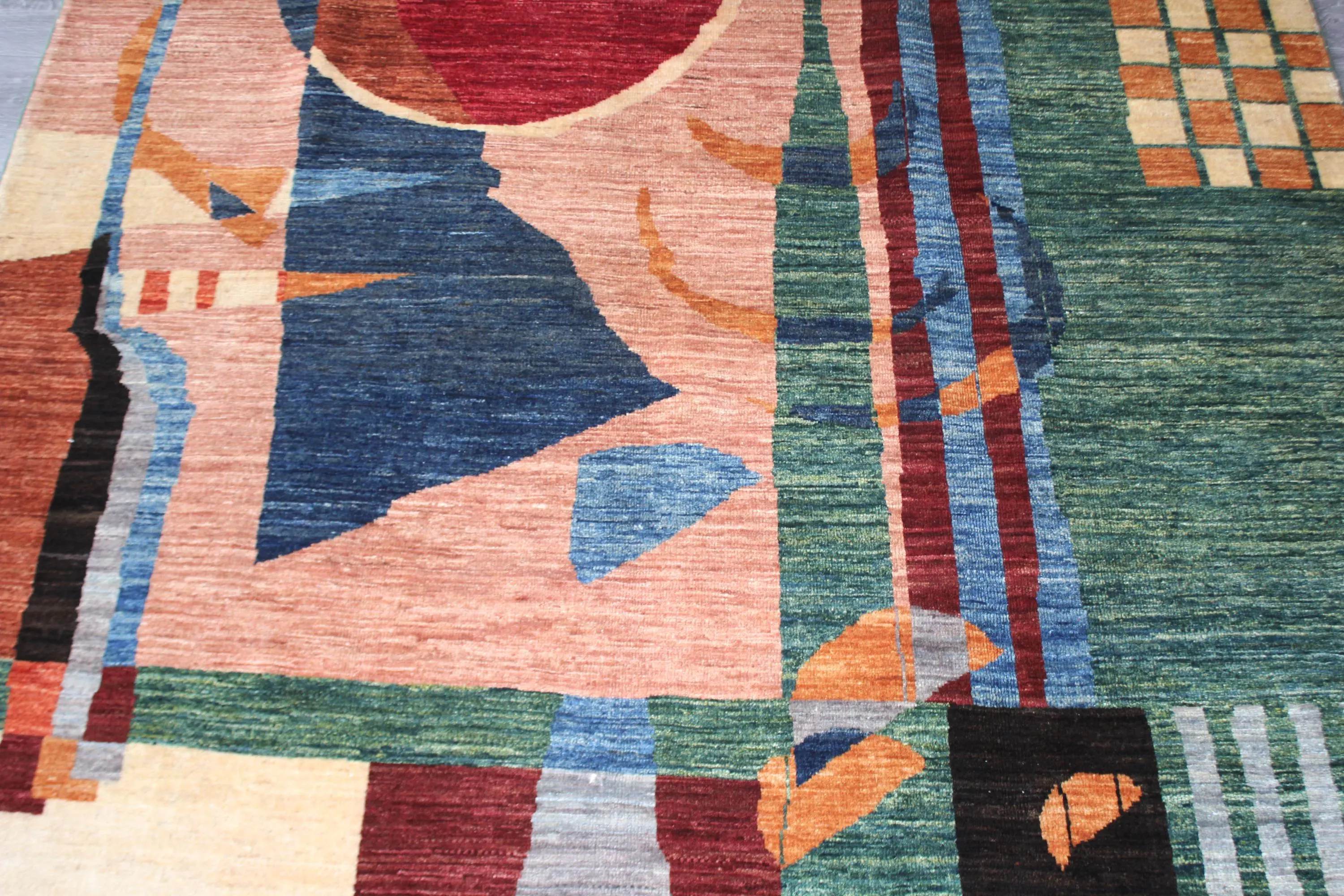 Handmade Afghan Wool Geometric Rug, Red Teal Green Abstract Design (4.11x 6.6 FT) - image 3
