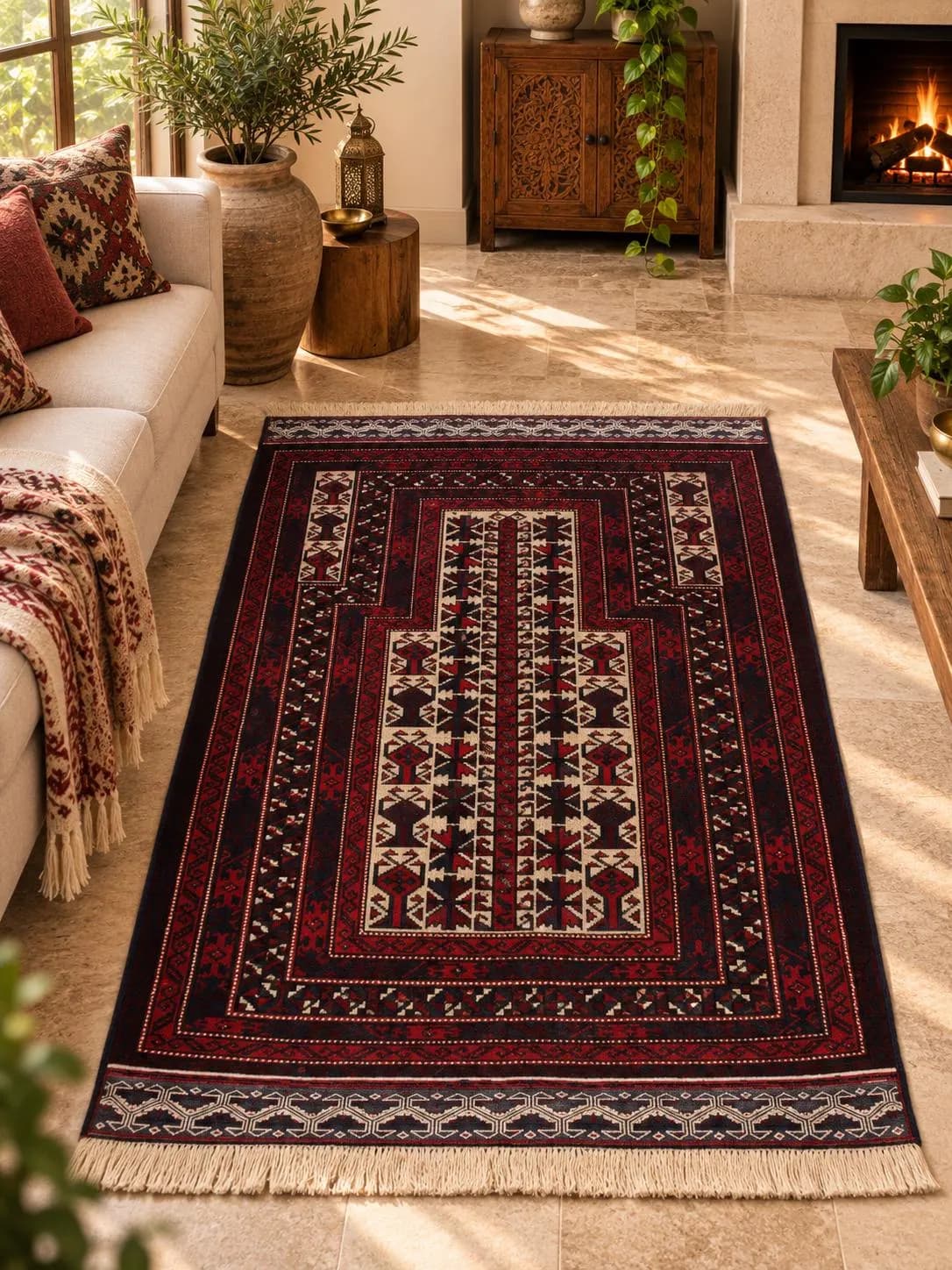 Handmade Afghan Wool Rug, Red Black Tribal Geometric Carpet (2.9 x 4.1 ft)