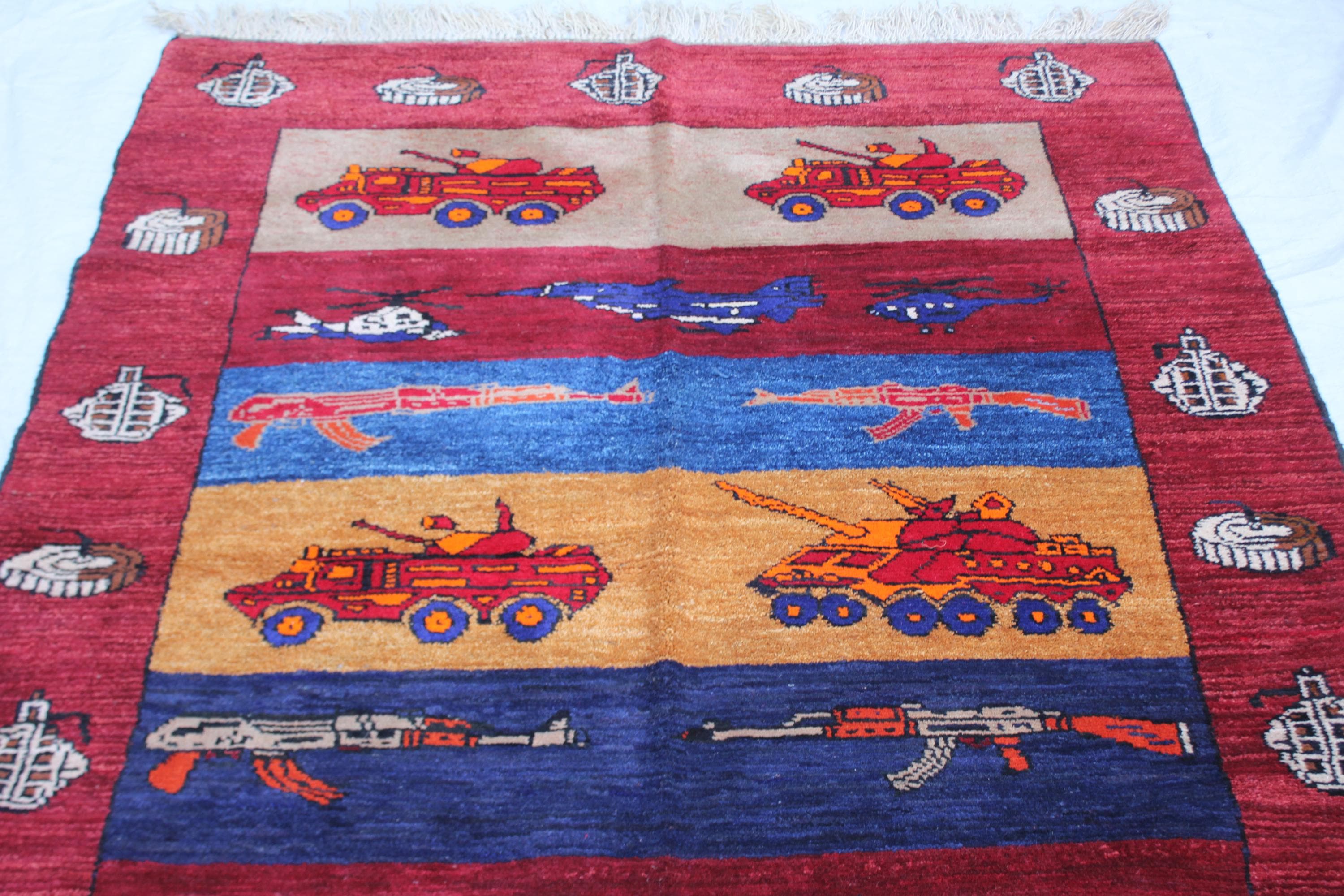 Handmade Afghan Wool Military Tank Rug, Tribal Aircraft Decor (4.10x6.7 ft) - image 4
