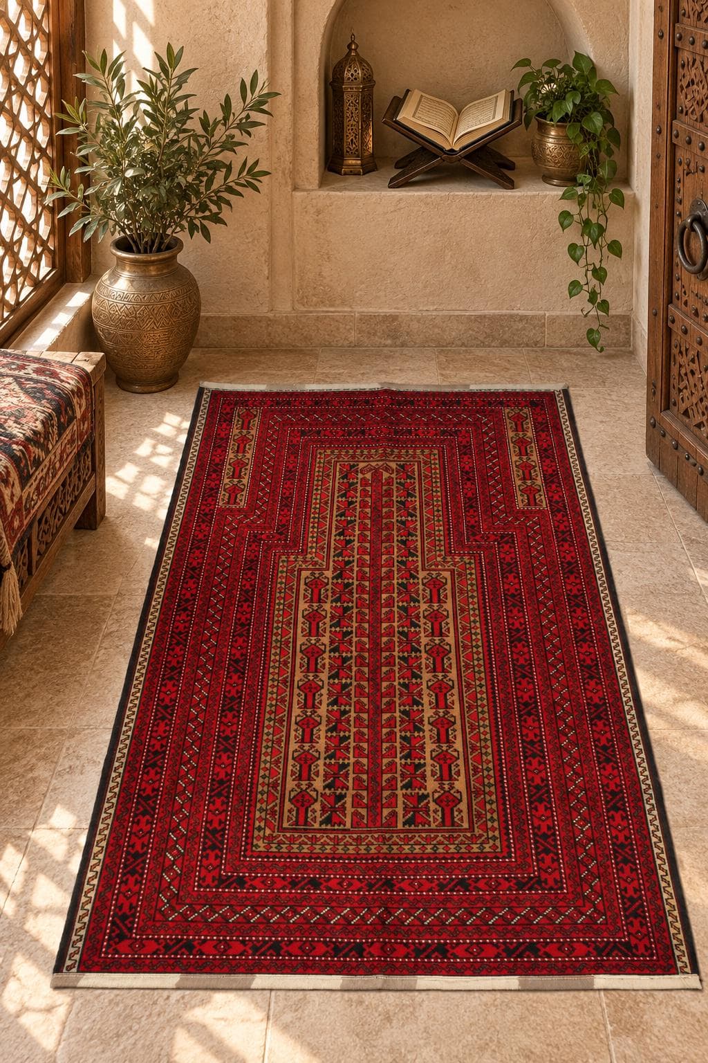 Handwoven Afghan Wool Prayer Rug, Red Geometric Pattern, Traditional Muslim Carpet (2.8 x 4.4 ft)
