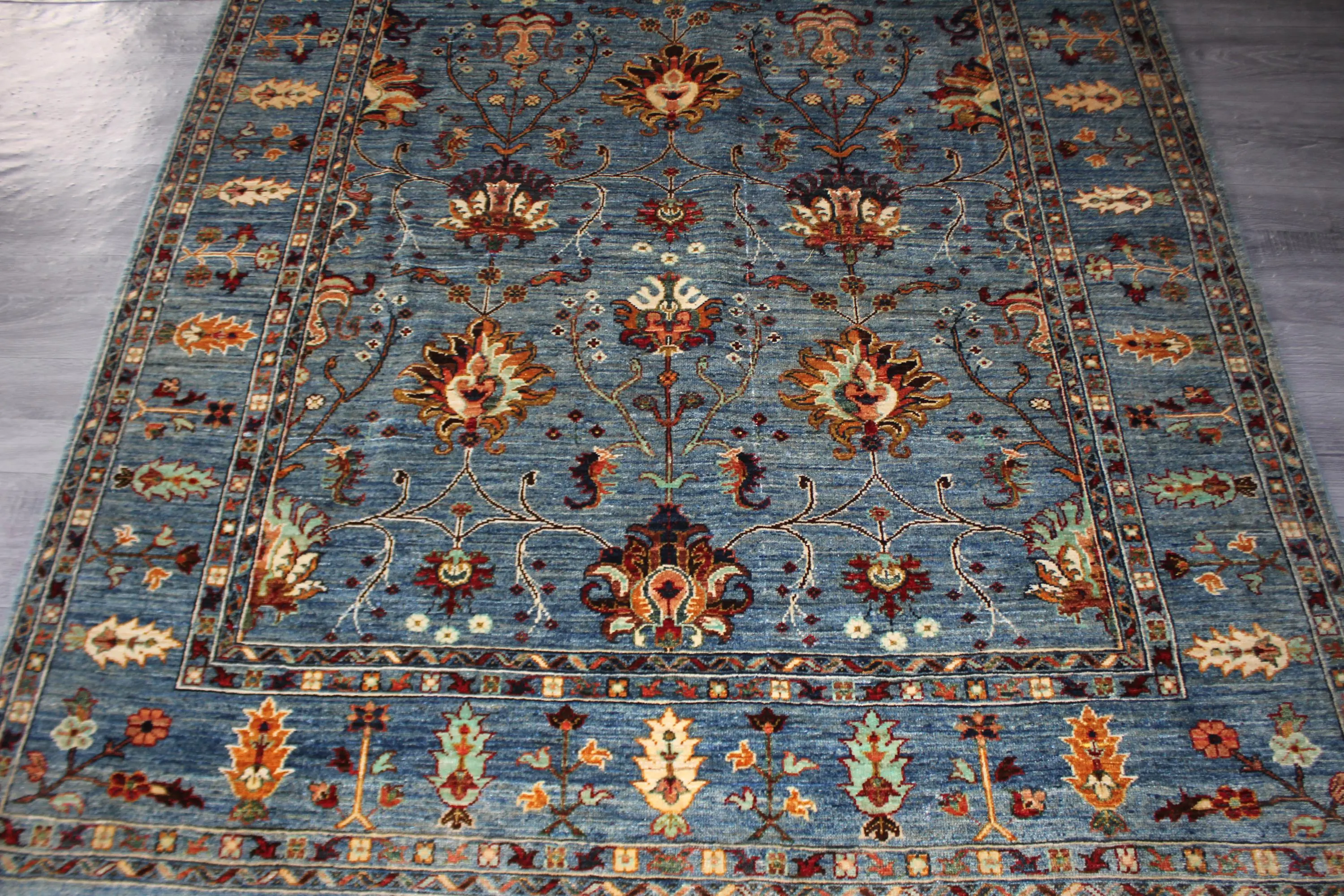 Handmade Afghan Wool Rug, Teal Floral Carpet, Rust Gold Details (5.7 x 7.11 FT) - image 4