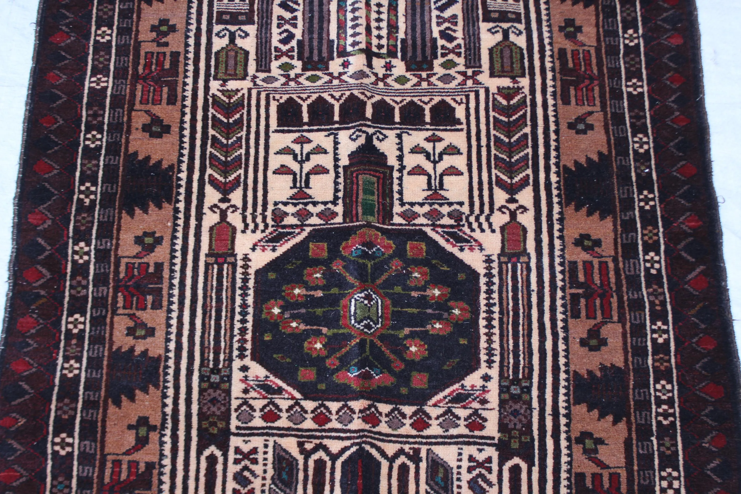 Handmade Afghan Wool Prayer Rug, Brown Black Tribal Design (2.8x3.11 ft) - image 5