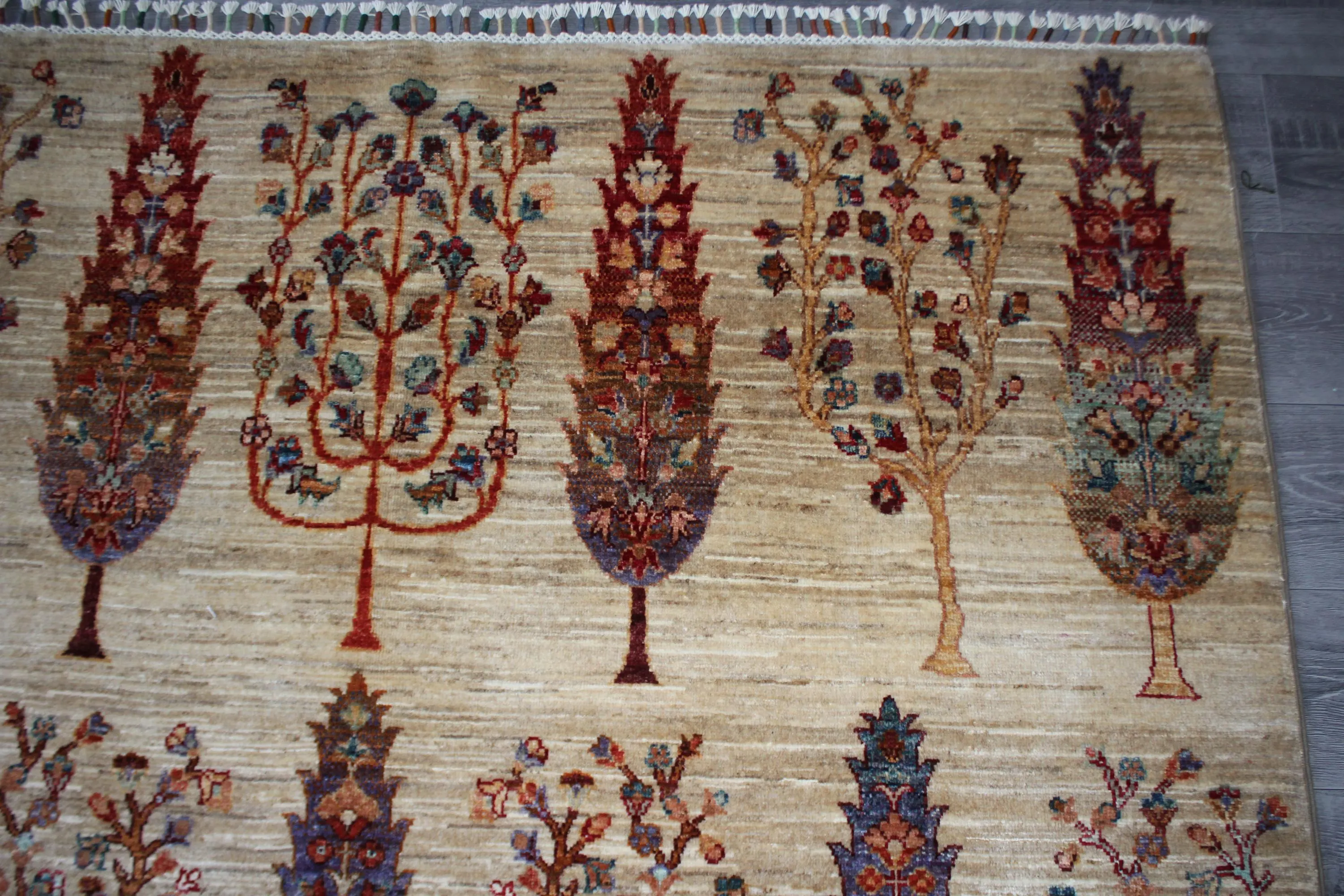 Handmade Afghan Wool Rug, Rust Orange Floral, Teal Gold Botanical (5.11 x 8.3 FT) - image 5