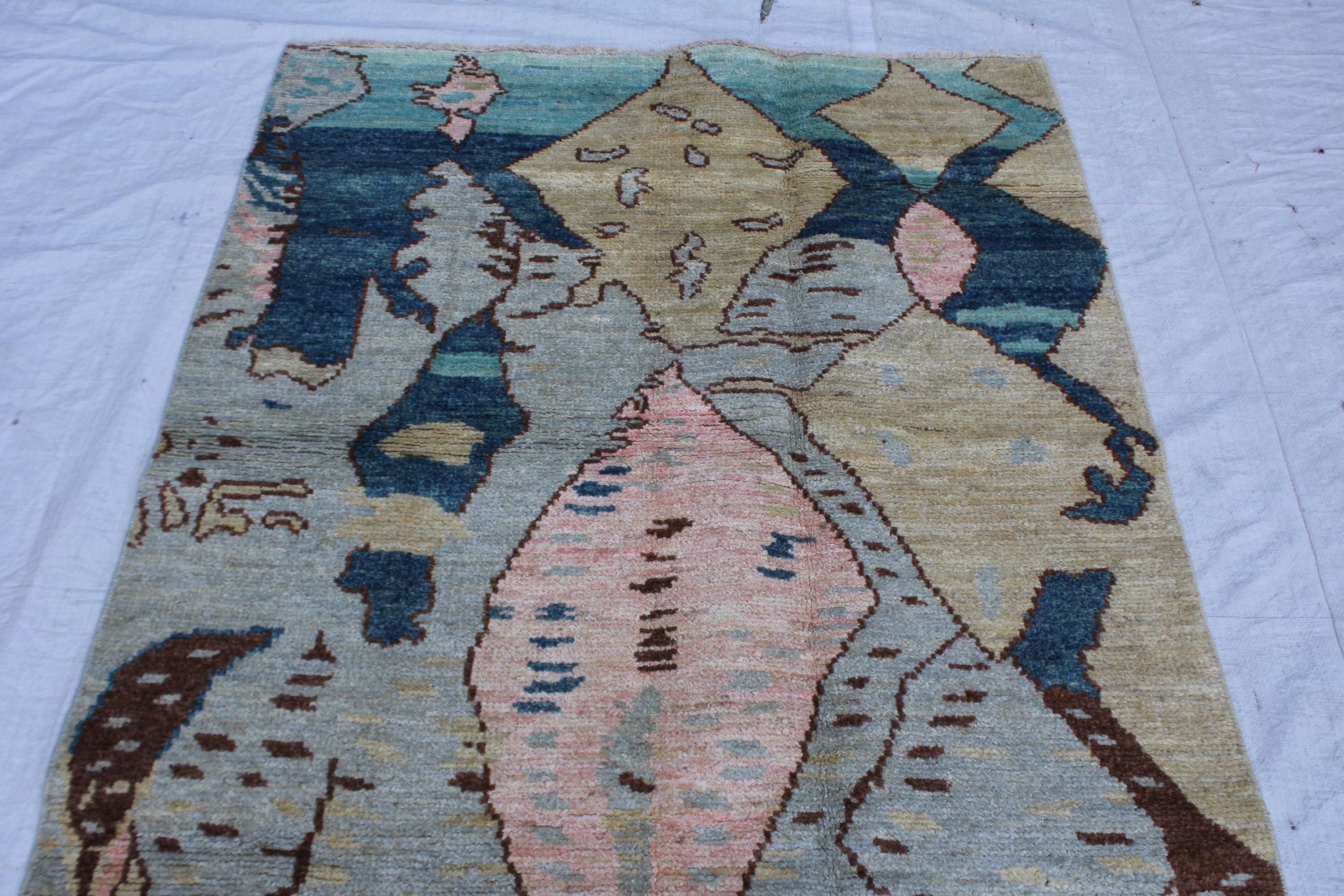 Handmade Afghan Wool Area Rug, Abstract Geometric Tribal, Dusty Pink Teal Beige (4x5.10 FT) - image 3