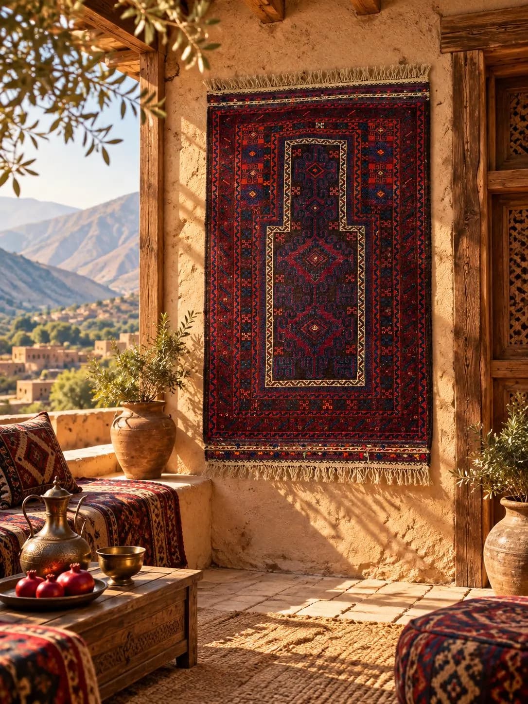 Handmade Afghan Wool Rug, Burgundy Blue Geometric Medallion, 3x4.2 FT