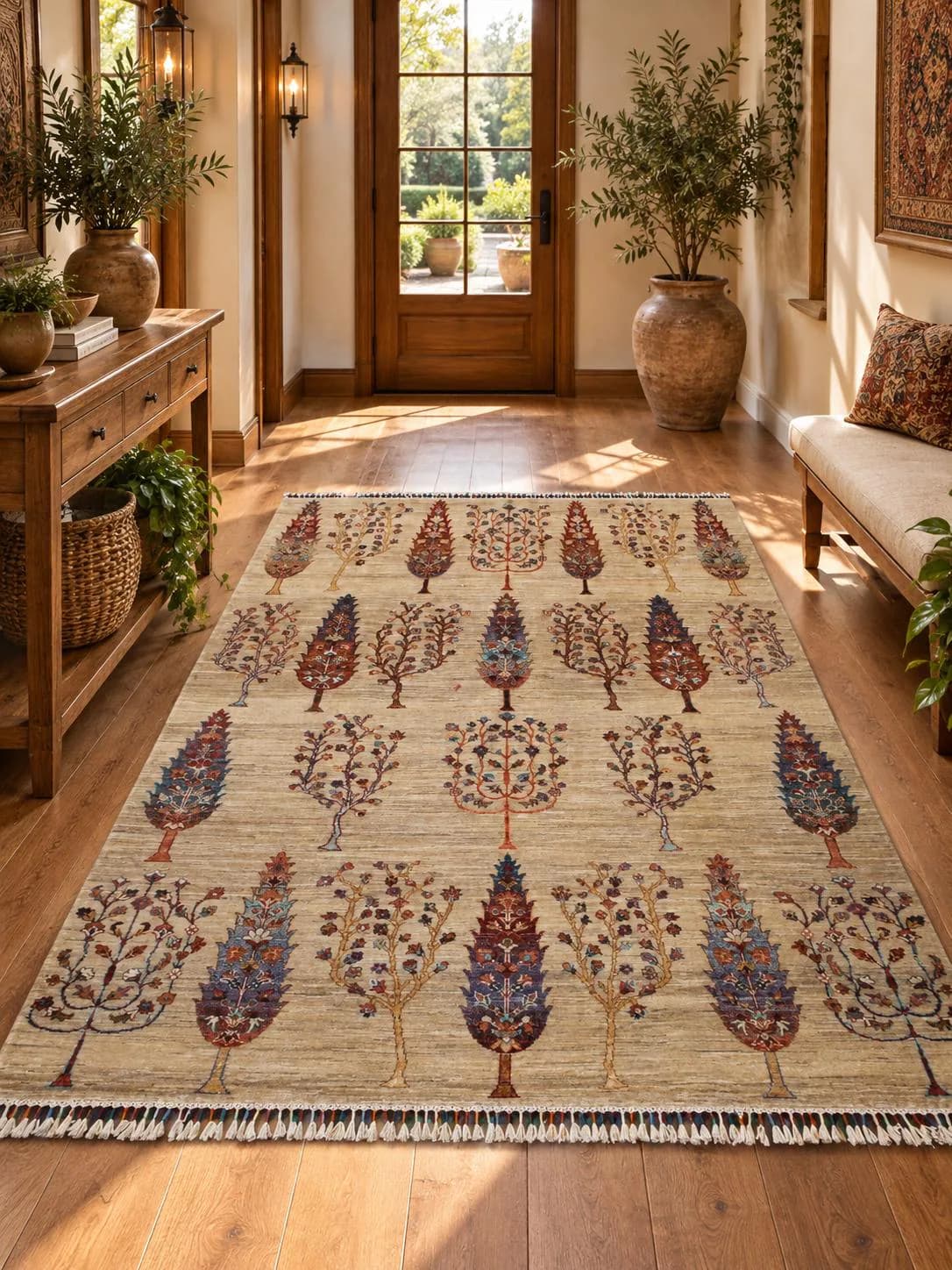 Handmade Afghan Wool Rug, Rust Orange Floral, Teal Gold Botanical (5.11 x 8.3 FT)