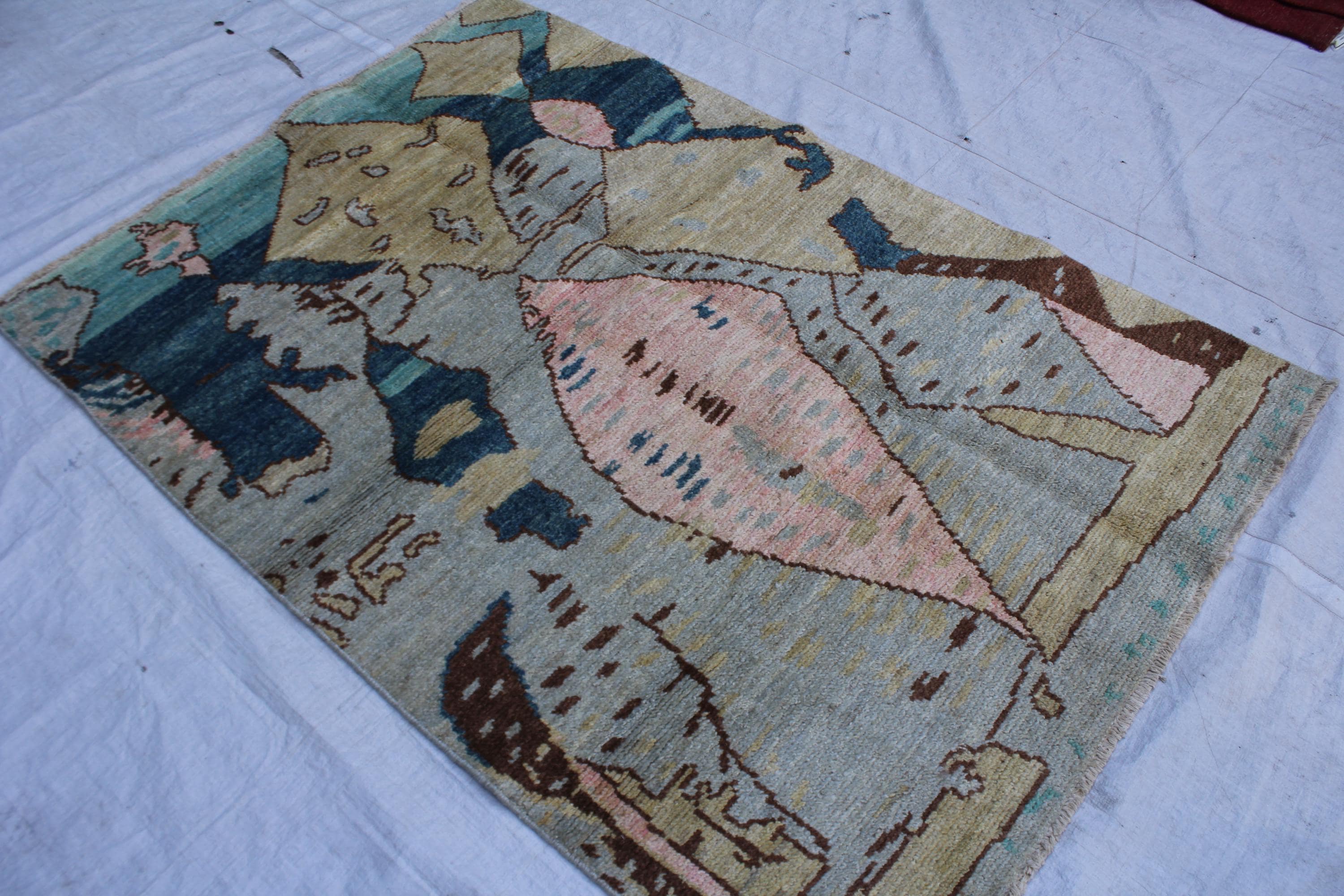 Handmade Afghan Wool Area Rug, Abstract Geometric Tribal, Dusty Pink Teal Beige (4x5.10 FT) - image 4