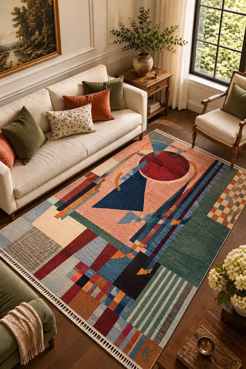 Handmade Afghan Wool Geometric Rug, Red Teal Green Abstract Design (4.11x 6.6 FT)
