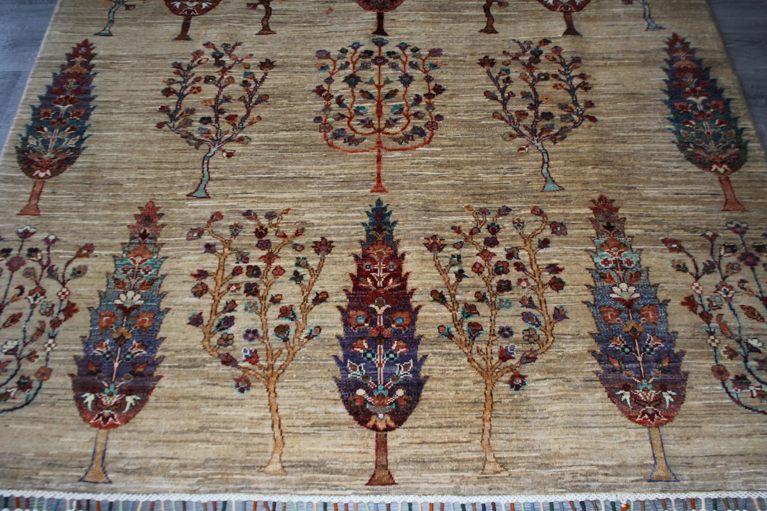 Handmade Afghan Wool Rug, Rust Orange Floral, Teal Gold Botanical (5.11 x 8.3 FT) - image 3