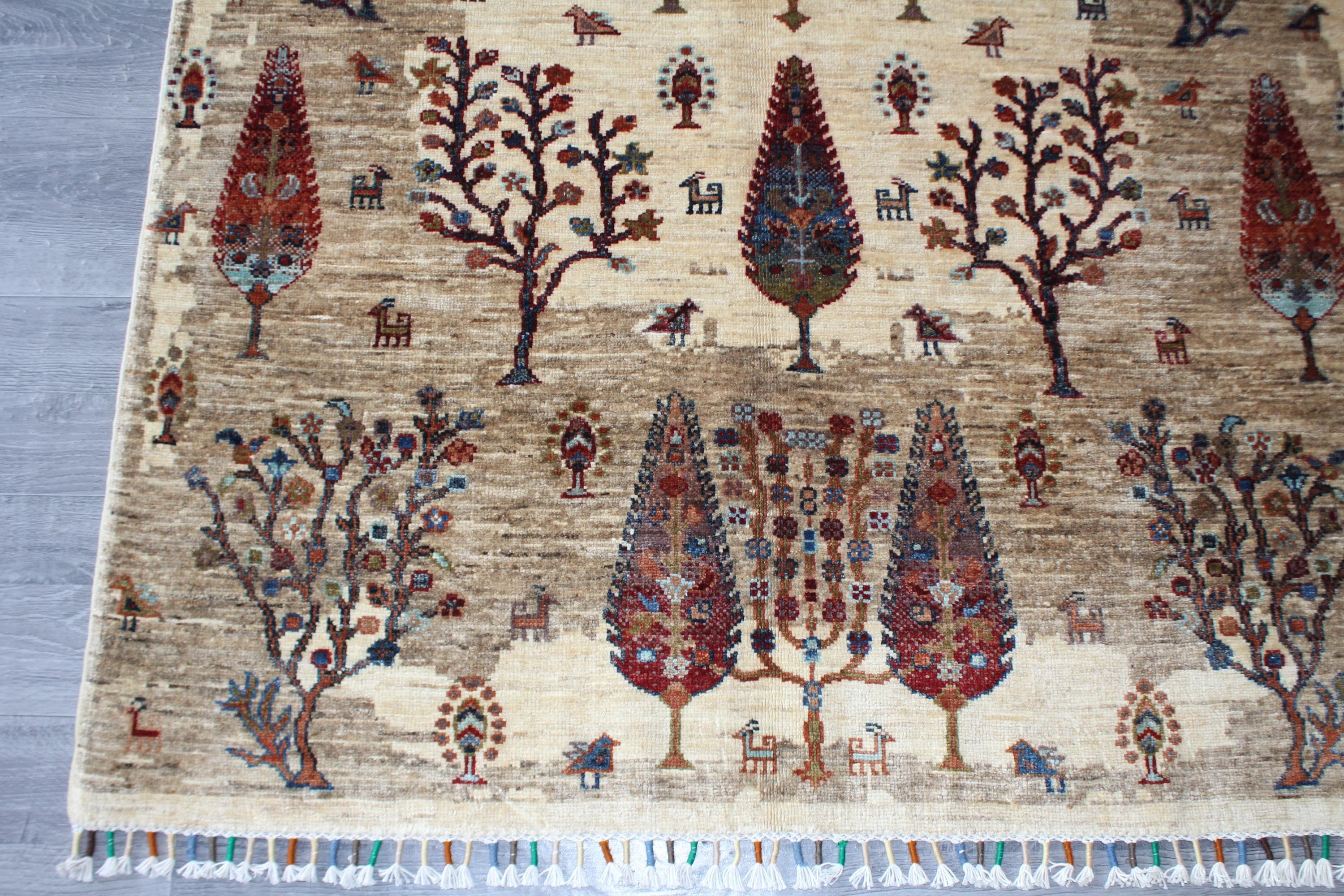 Handmade Afghan Wool Rug, Cream Tree Pattern, Rustic Botanical Area Carpet (4.1 x 6.4 FT) - image 3