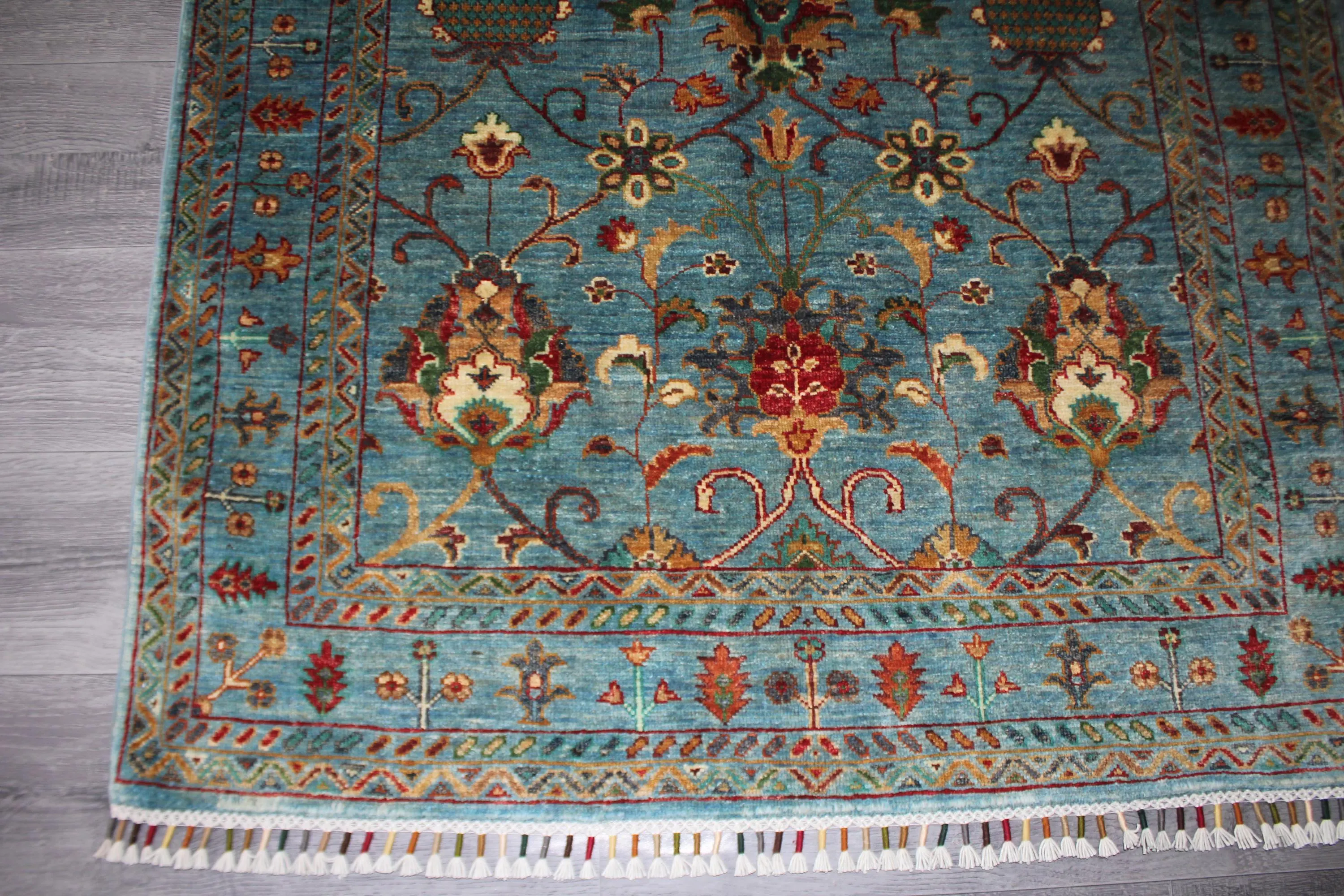 Handmade Afghan Wool Rug, Turquoise Floral Medallion Design (3.10 x 6.3 FT) - image 3