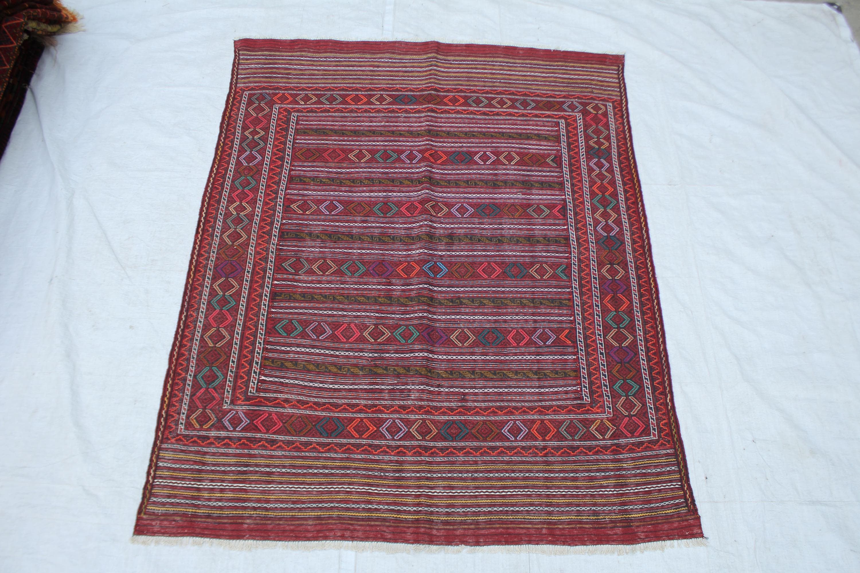 Handmade Afghan Wool Kilim Rug, Tribal Striped Geometric Area Rug (4.8x6.1 FT) - image 3