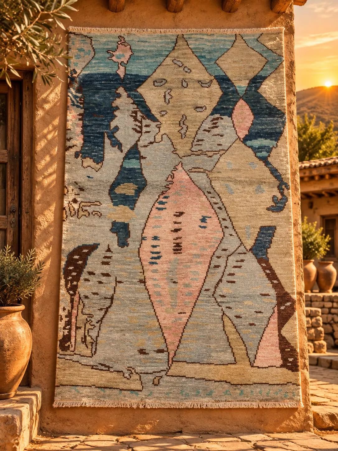 Handmade Afghan Wool Area Rug, Abstract Geometric Tribal, Dusty Pink Teal Beige (4x5.10 FT)