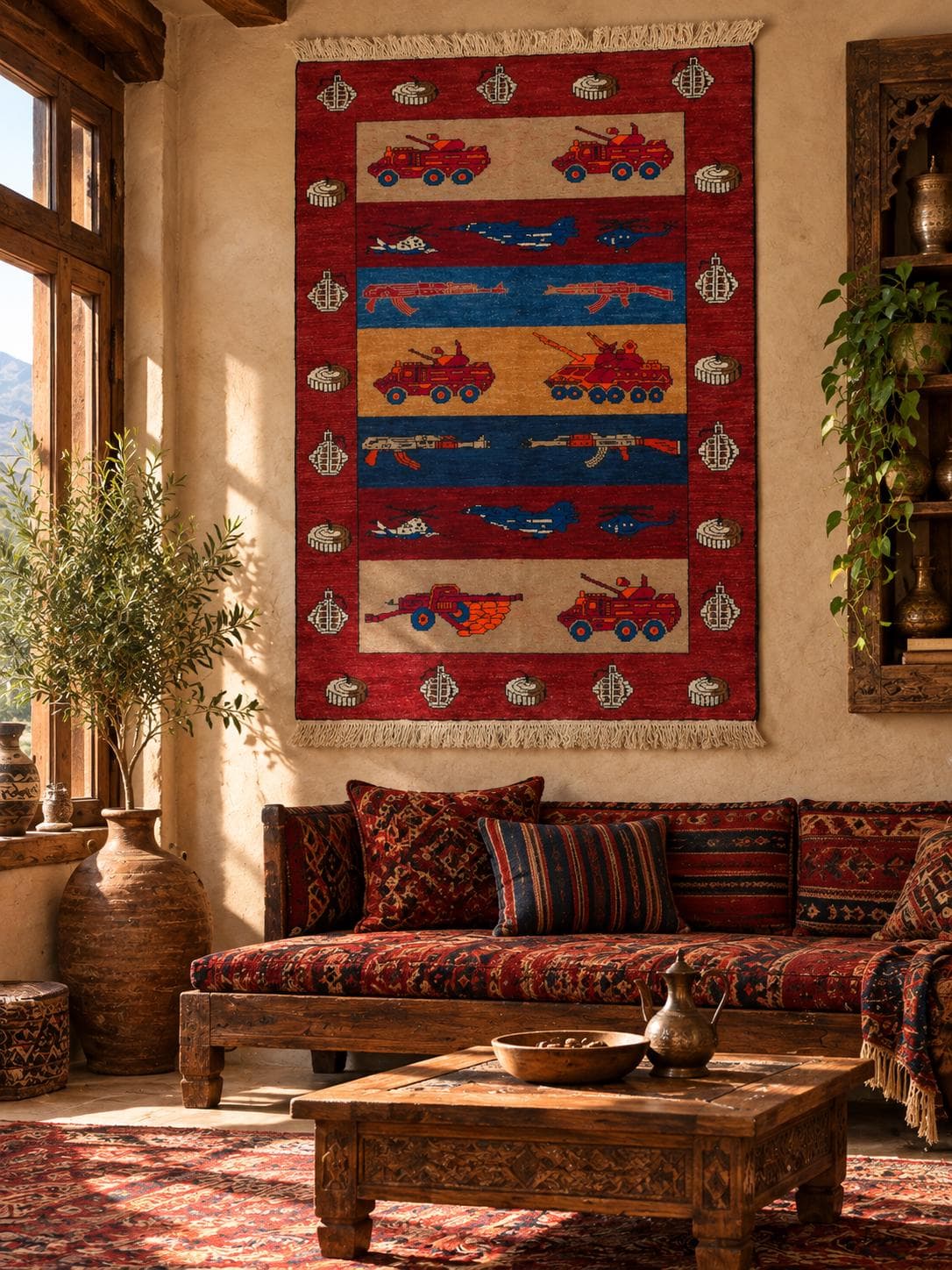 Handmade Afghan Wool Military Tank Rug, Tribal Aircraft Decor (4.10x6.7 ft)