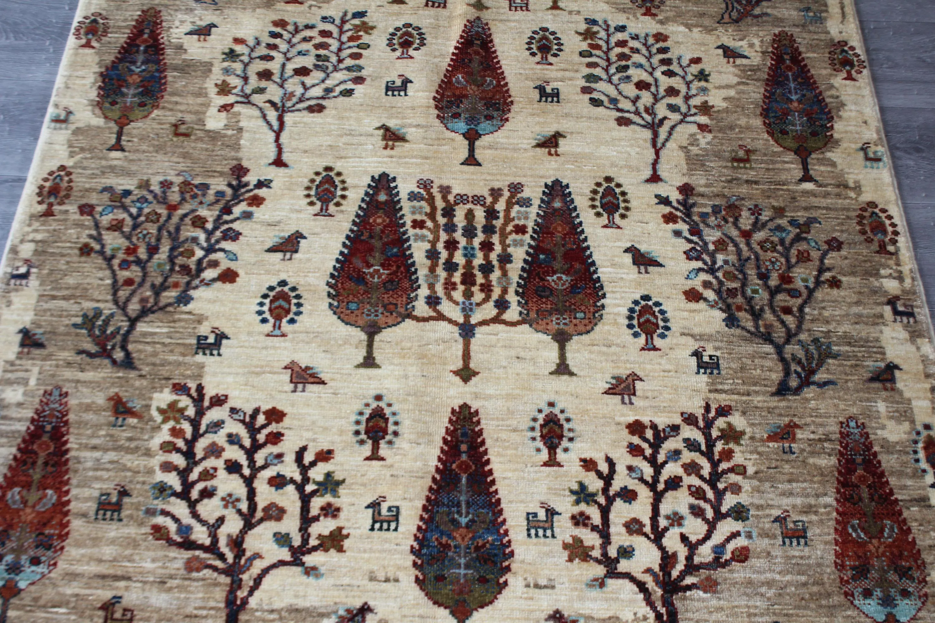 Handmade Afghan Wool Rug, Cream Tree Pattern, Rustic Botanical Area Carpet (4.1 x 6.4 FT) - image 5