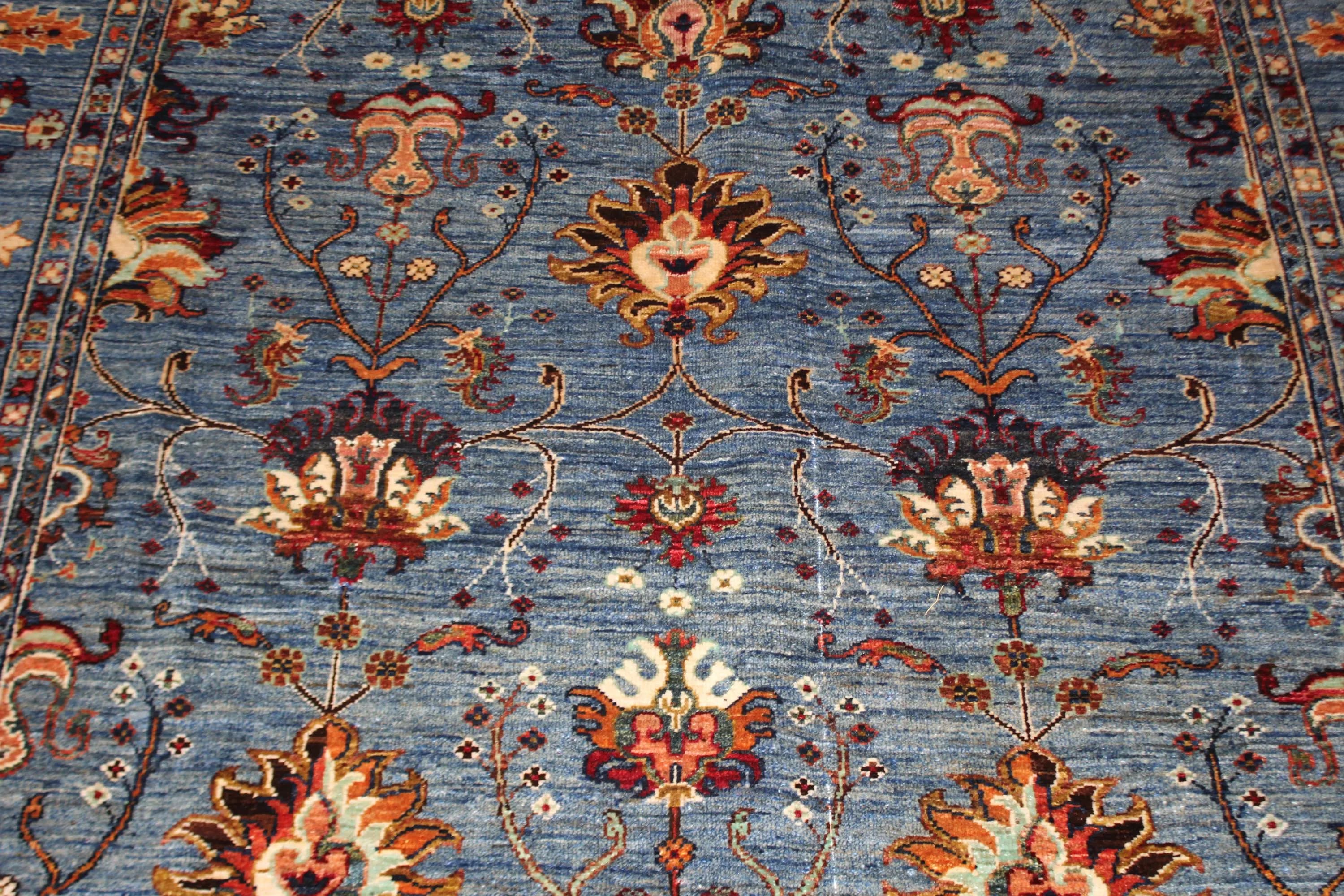 Handmade Afghan Wool Rug, Teal Floral Carpet, Rust Gold Details (5.7 x 7.11 FT) - image 5