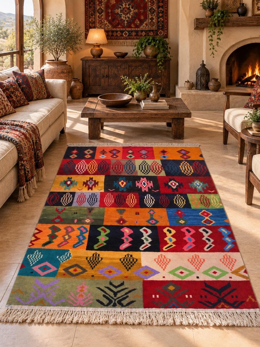 Handmade Afghan Wool Kilim Rug, Tribal Geometric Carpet (4.1 x 5.11 ft)