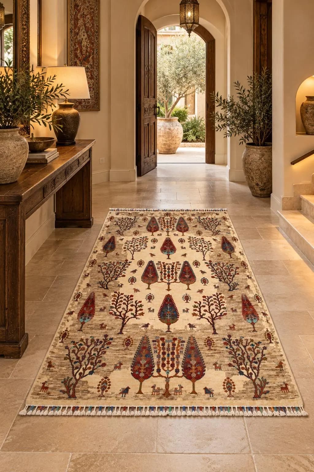 Handmade Afghan Wool Rug, Cream Tree Pattern, Rustic Botanical Area Carpet (4.1 x 6.4 FT)