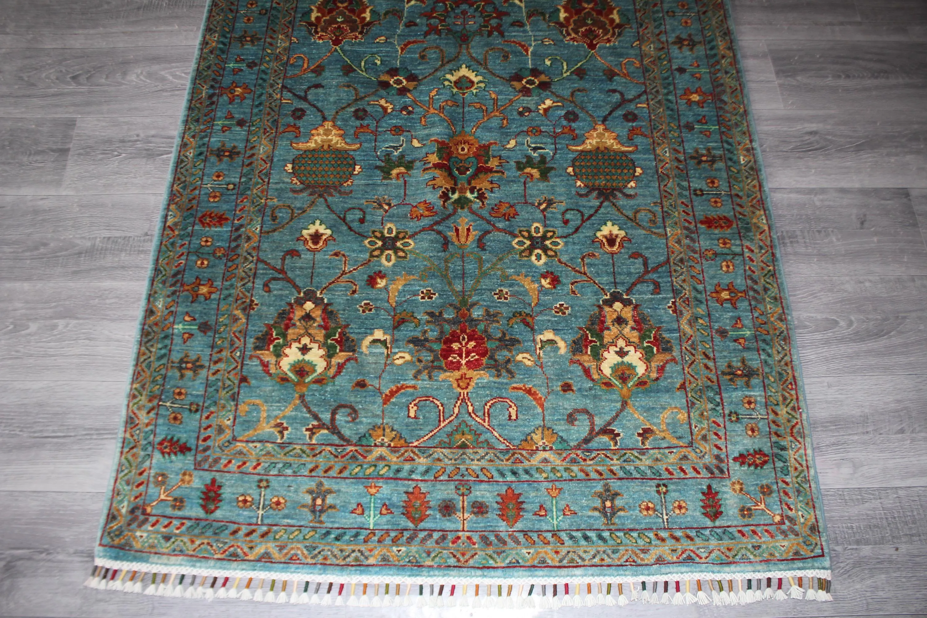 Handmade Afghan Wool Rug, Turquoise Floral Medallion Design (3.10 x 6.3 FT) - image 4