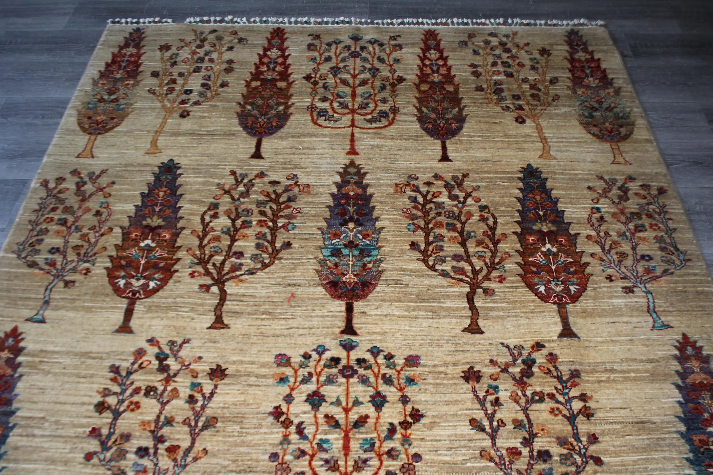 Handmade Afghan Wool Rug, Rust Orange Floral, Teal Gold Botanical (5.11 x 8.3 FT) - image 4