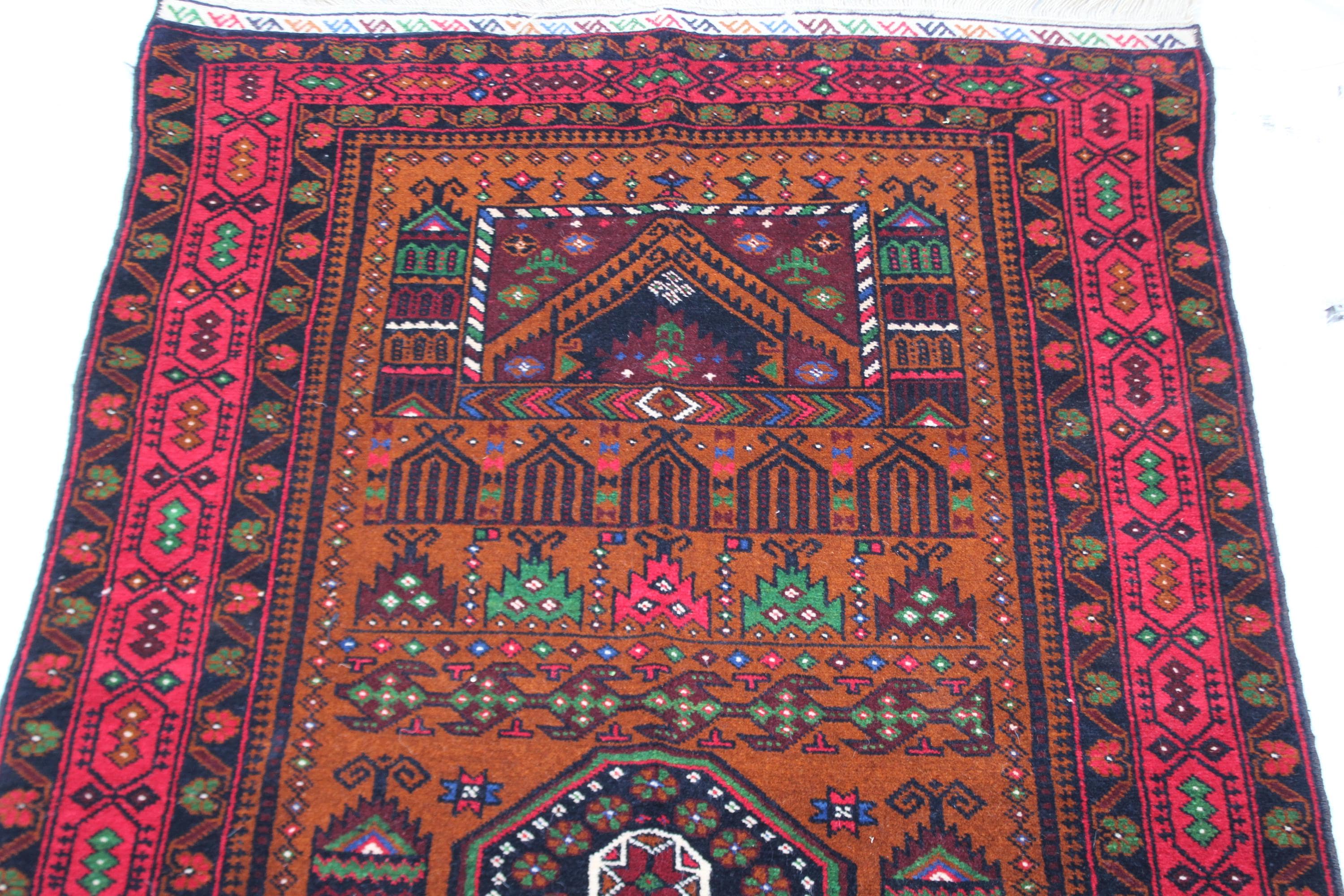 Handmade Afghan Wool Prayer Rug, Red Brown Geometric Tribal Carpet (2.11 x 4.9 ft) - image 5