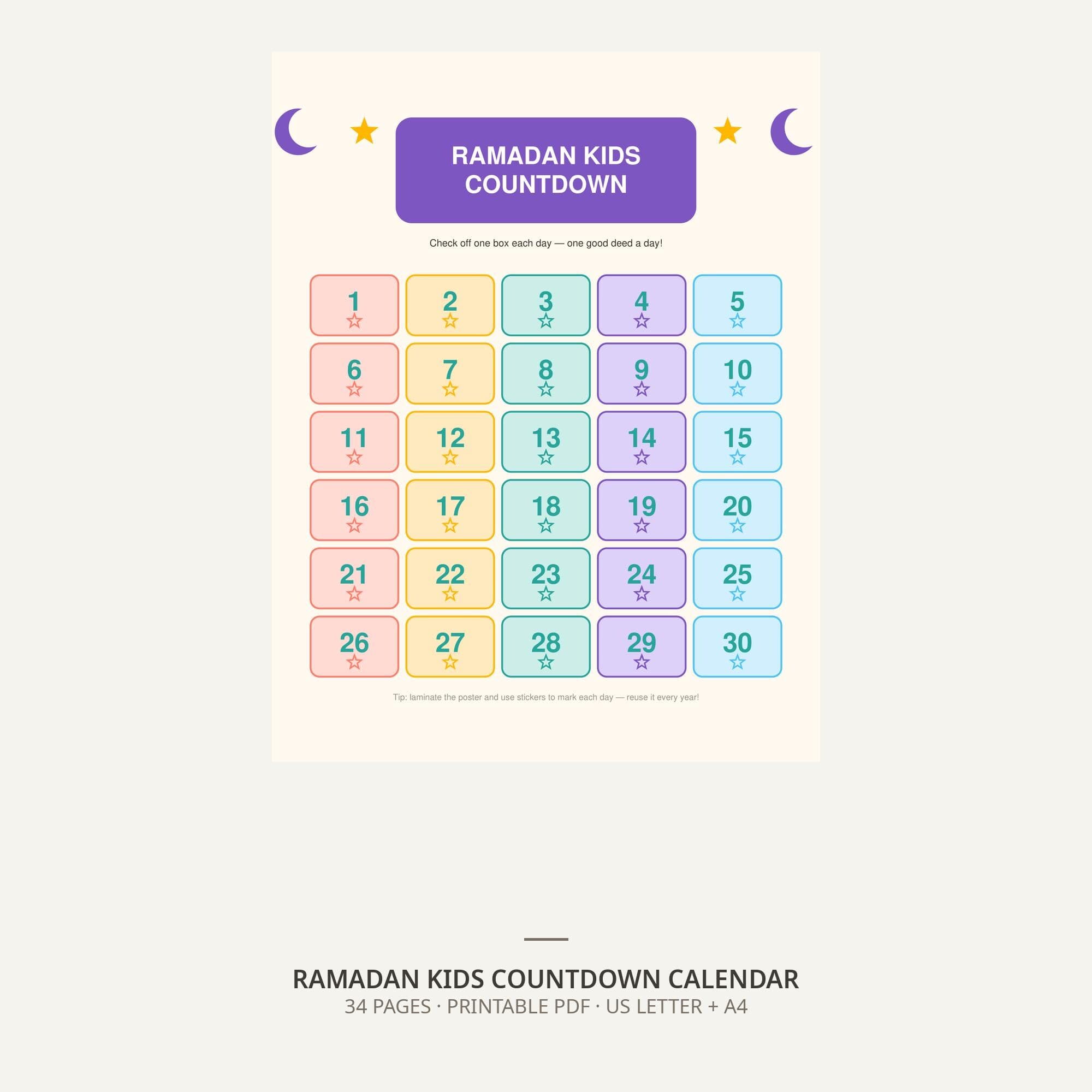 Ramadan Countdown Calendar for Kids, 30 Day Ramadan Calendar, Good Deed Cards, Ramadan Activity for Children, My First Fast Certificate