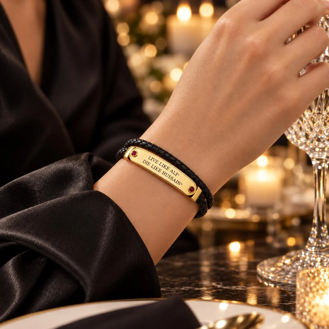 GDot Live Like Ali Die Like Hussain Bracelet, Gold Plated Black Leather Cuff, Islamic Jewelry Gift for Her - image 5
